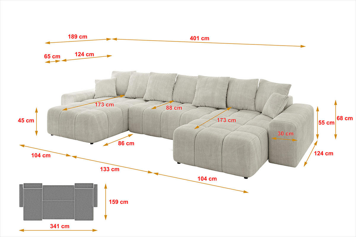 WOHNLANDSCHAFT ENIL-U 401x189x68 Hellgrau Cord - Hellgrau, Holzwerkstoff/Kunststoff (401/68/189cm) - ALTDECOR