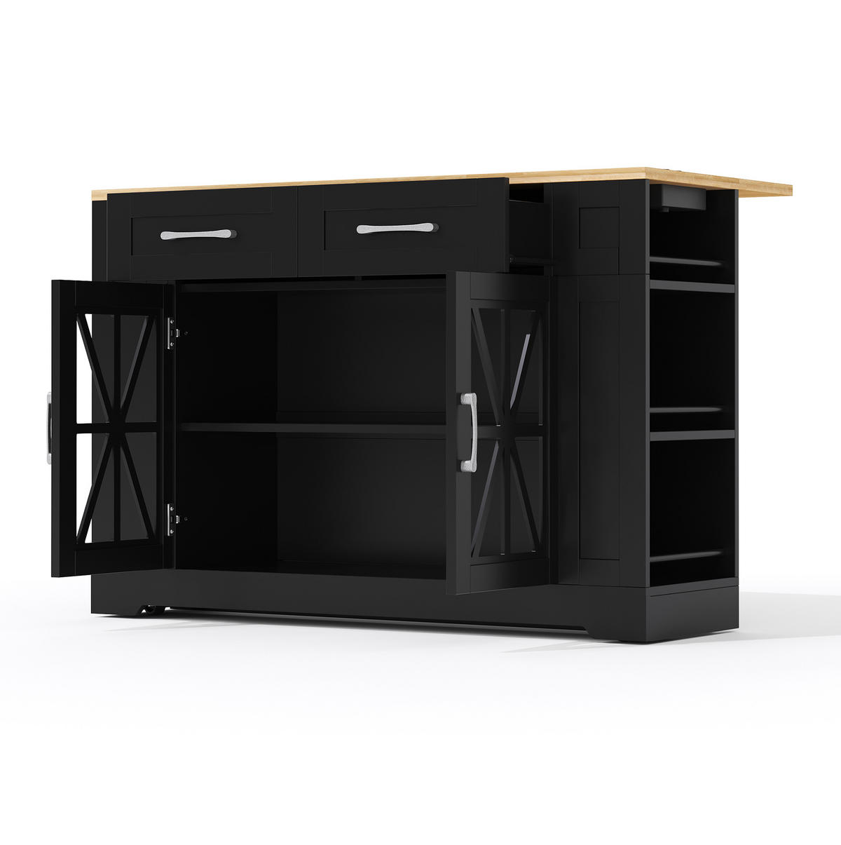 KÜCHENINSEL aus MDF 120x65x92 cm Schwarz/Natur mit Klapptisch, 2 AC-Steckdosen, 2 USB-Anschlüssen und Rollen - Schwarz, Holzwerkstoff (120/92/65cm) - Modfu