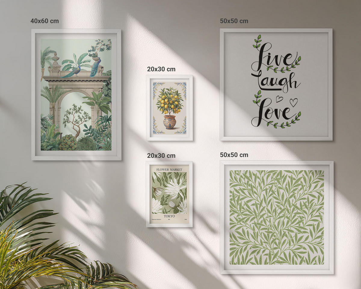 WANDBILDER 5er-Set - 50x50 cm & 20x30 cm & 40x60 cm Weißer Rahmen - Grüne Blätter exotischer Pflanzen - Weiß, Kunststoff (40/60cm) - ArtPrintCave