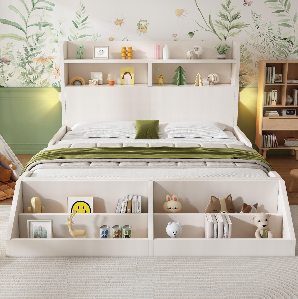 KINDERBETT 140/200 cm weiß aus Holz mit Regal und Nachtlichtern - Weiß, Holzwerkstoff (140/200cm) - OKWISH