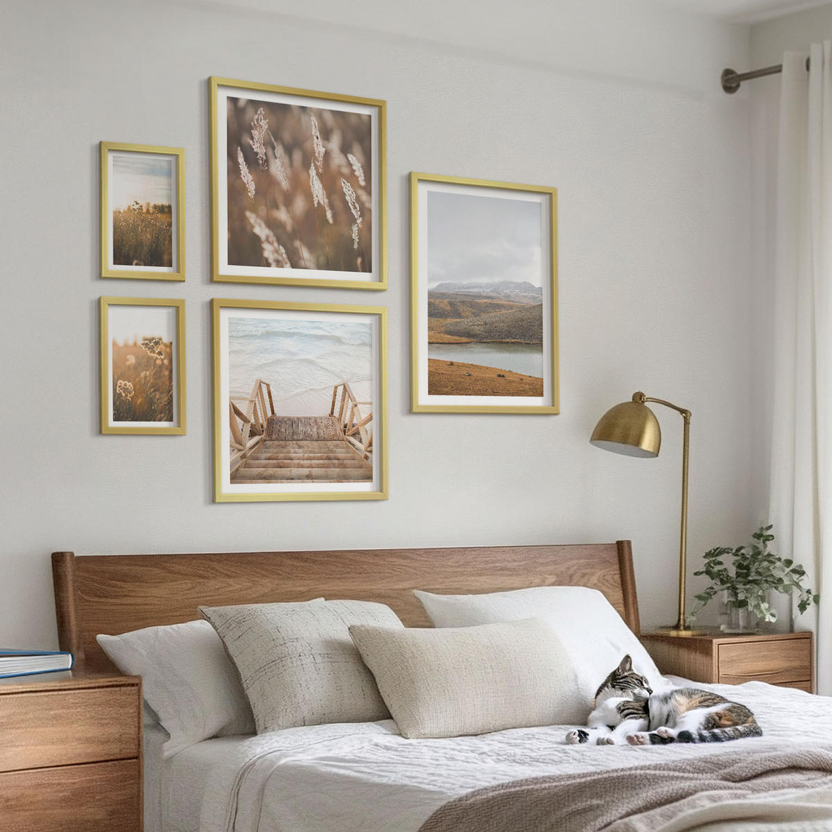 BILDER SET 5er Set - 50x50 cm & 20x30 cm & 40x60 cm Goldrahmen - Landschaften Wiesen Berge See - Goldfarben, Kunststoff (40/60cm) - TULUP