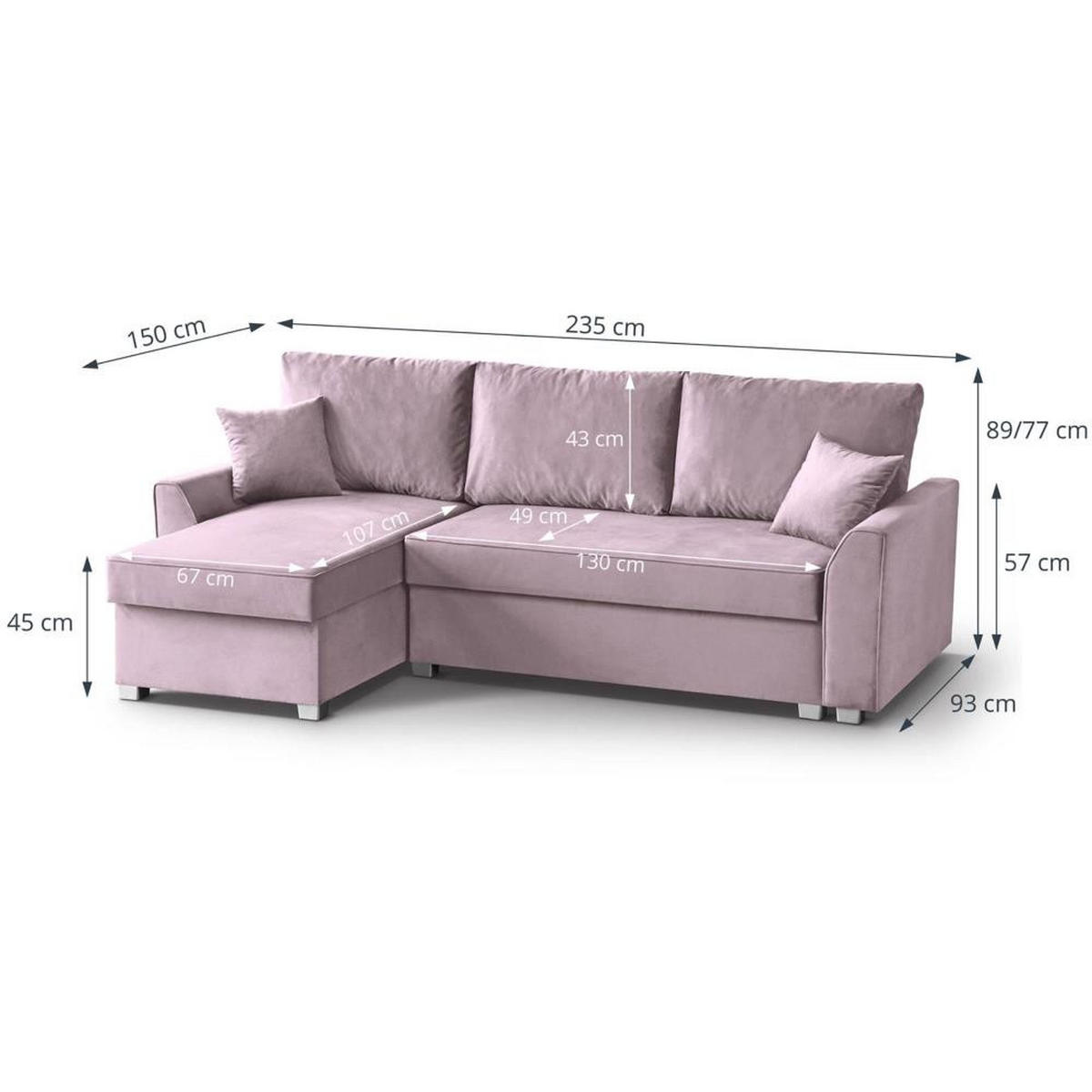 ECKSCHLAFSOFA Teramo rosa - Schwarz/Rosa, Kunststoff/Textil (235/150cm) - Beautysofa