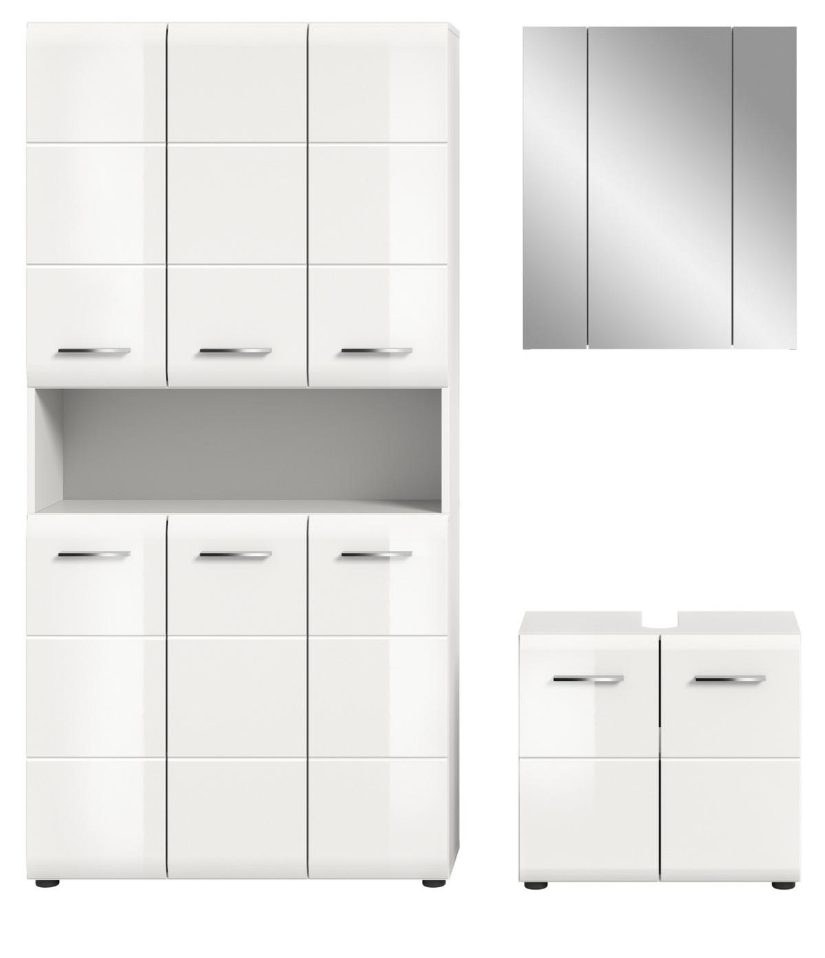 BADMÖBEL SET 3-teilig in weiß Hochglanz Badkombination 165 x 185 cm Cover - Weiß Hochglanz/Silberfarben, Holzwerkstoff/Kunststoff (165/185/30cm) - Inn.Furn