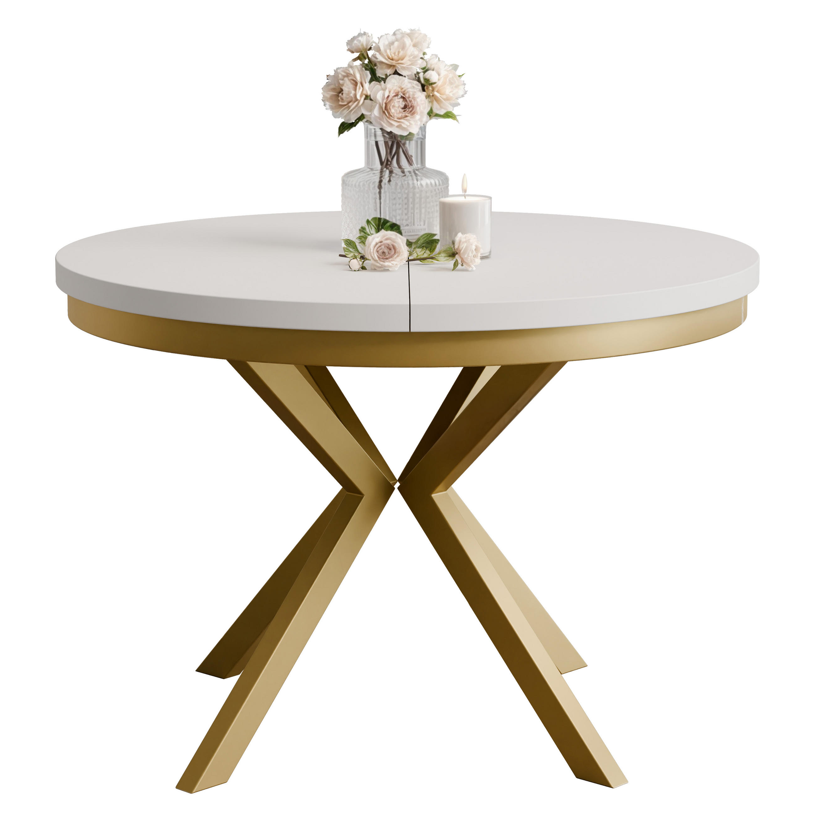 AUSZIEHTISCH MILTON 120-196/76 cm mit Metallgestell, Gold / Arktisweiß - Goldfarben/Weiß, Holzwerkstoff/Metall (120/120/76cm) - Idohome