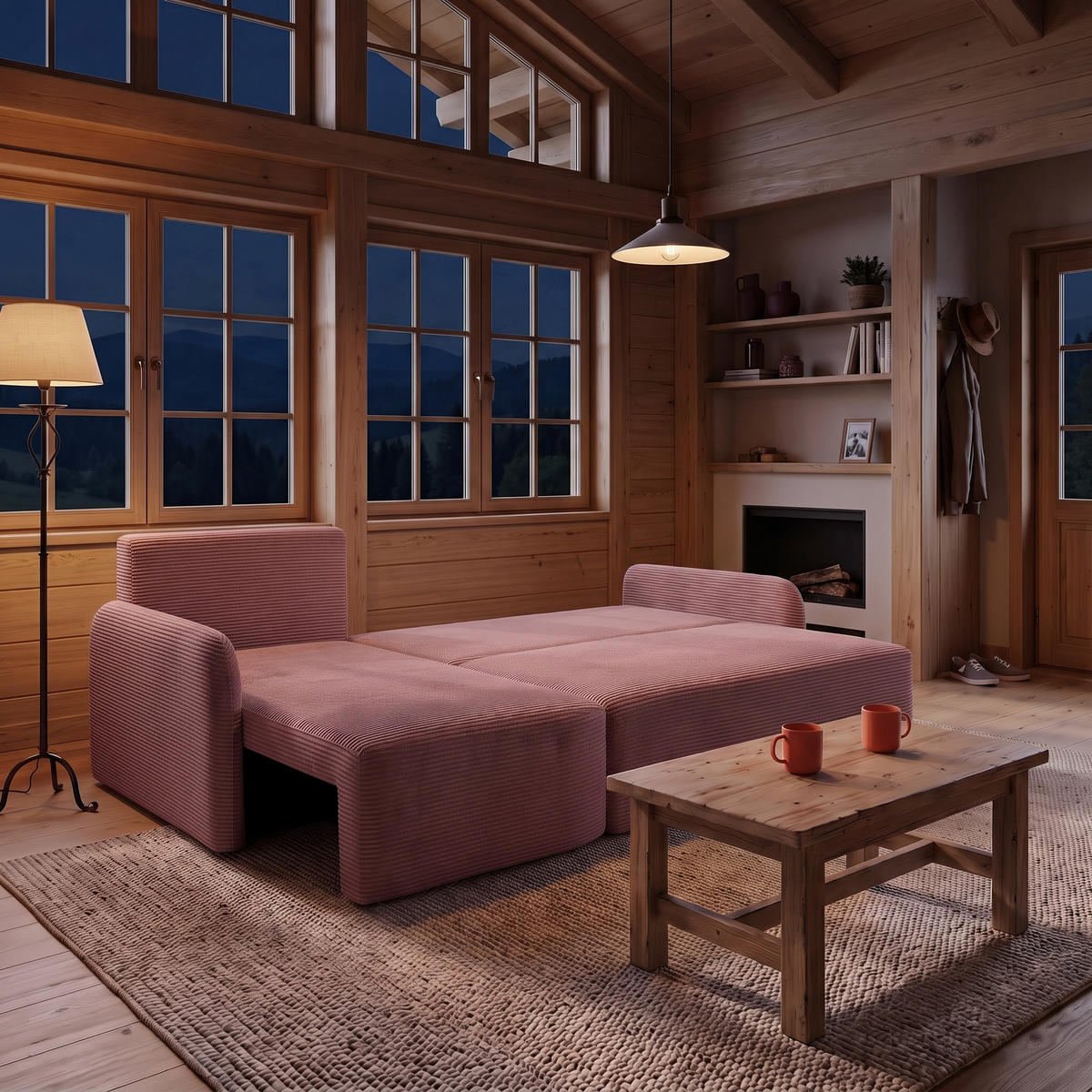 ECKSOFA CASPER L Links mit Schlaffunktion 132x198 Cord Rosa - Pink/Schwarz, Holz/Kunststoff (217/145cm) - NACANAPA