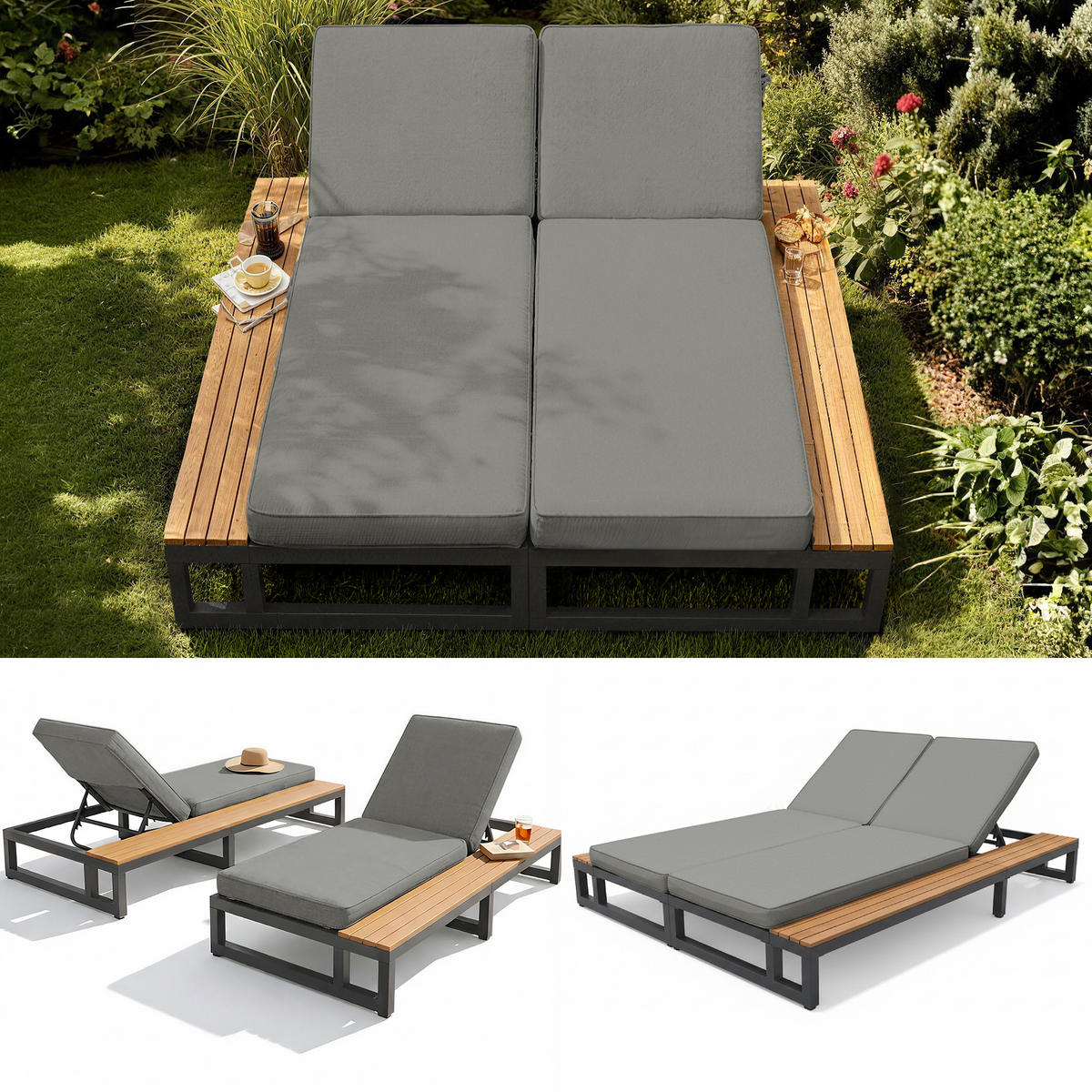 SONNENLIEGE, 2 Personen, Verstellbar, Daybed, Grau - Grau, Metall (159/184cm) - FLIEKS