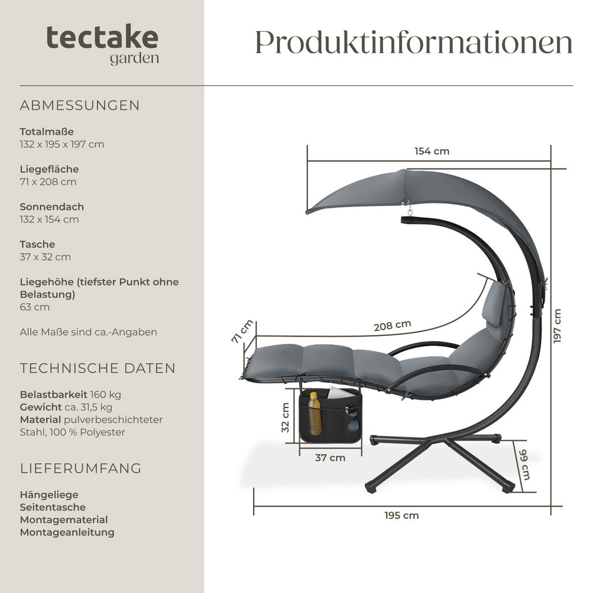 HÄNGELIEGE Elaria,195 x 132 x 197 cm, mit Seitentasche,grau - Grau, Textil (132/197/195cm) - tectake