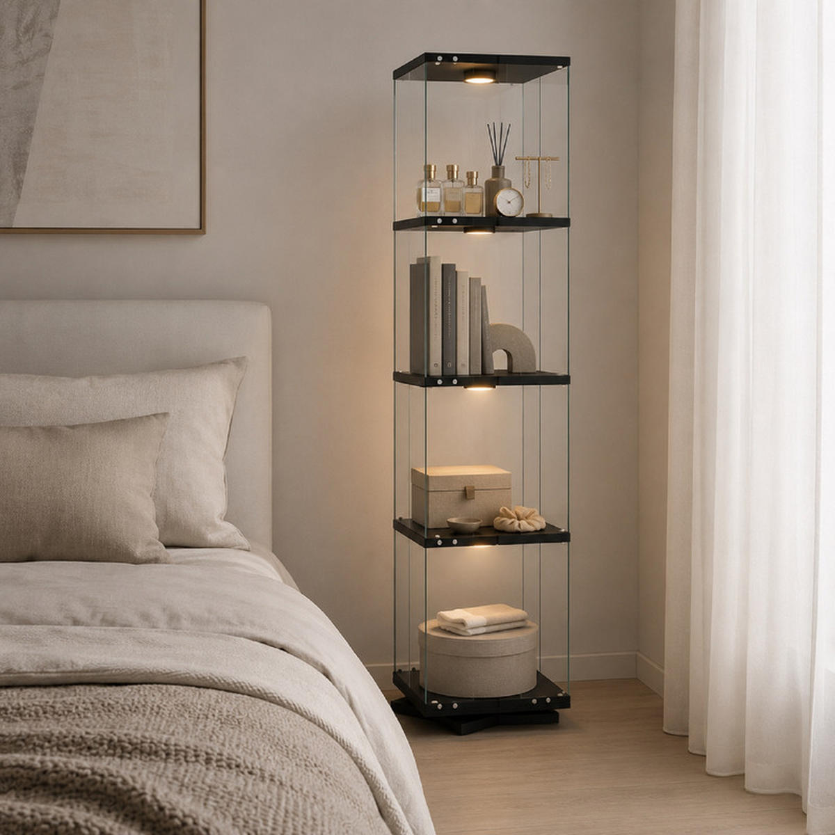 GLASVITRINE 360° drehbar mit RGB LED, schwarz, 4 Ebenen - Schwarz, Glas (38/160/38cm) - SHOPENTRA