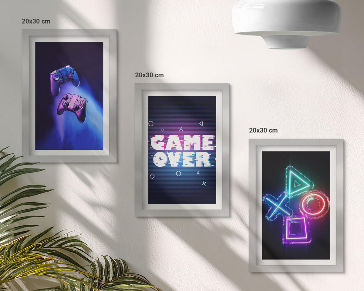 BILDER SET 3er Set - 20x30 cm Silberner Rahmen - Game Over Gamepads - Silberfarben, Kunststoff (20/30cm) - TULUP