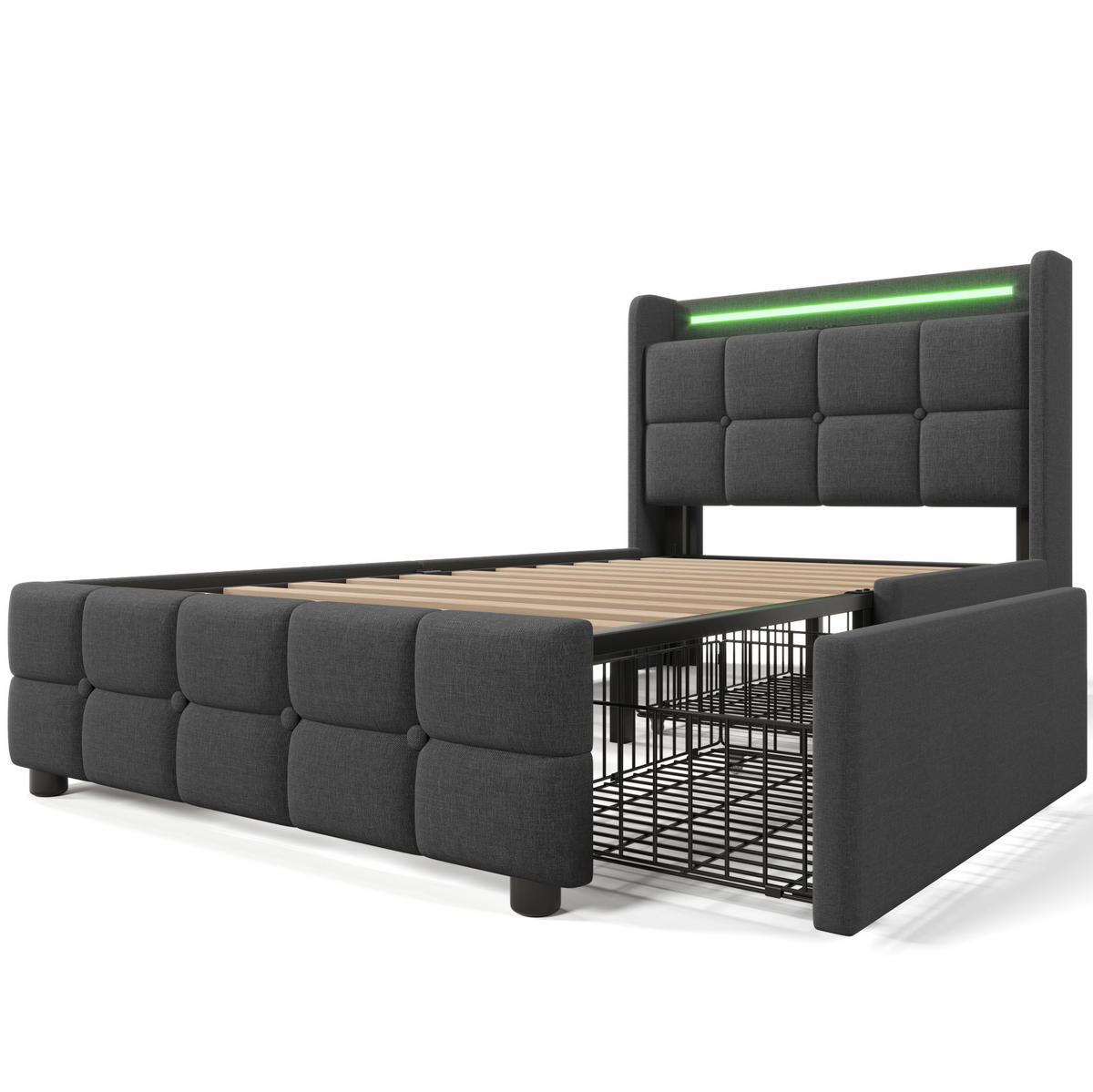 POLSTERBETT 90/200 cm Grau mit LED-Beleuchtung, USB-Anschlüssen und 2 Schubladen - Grau, Holz (90/200cm) - Flora Grace