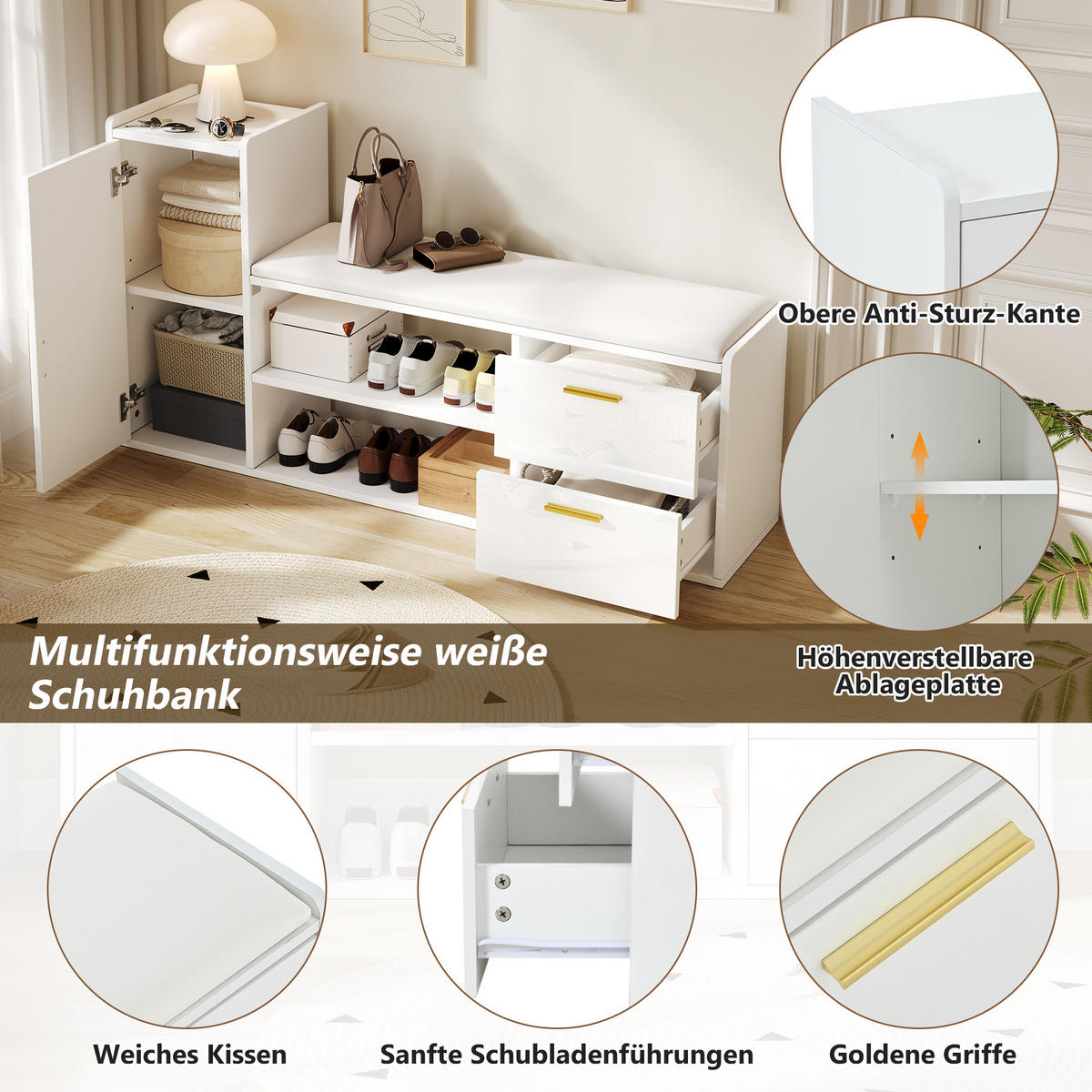 SCHUHSCHRANK Weiß Hochglanz 2 Schubladen 128x30x68cm Sitzbank - Weiß, Holzwerkstoff (30/68/128cm) - FLIEKS