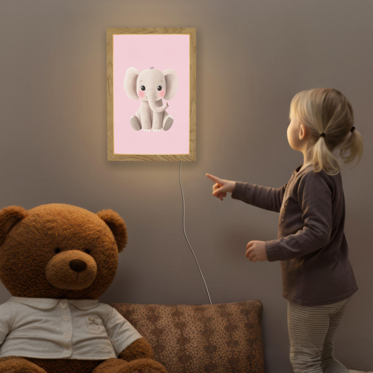 NACHTTISCHLAMPE Elefant - Baby - Rosa - Cartoon 20x30 cm - Rosa, Holzwerkstoff (8/20/30cm)