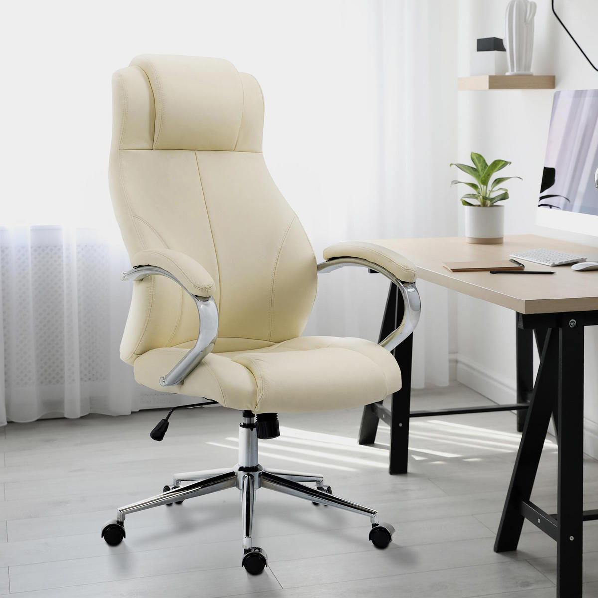 BÜROSTUHL Kyron Echtleder creme - Chromfarben/Creme, Leder/Metall (64/130/79cm) - TPFLiving