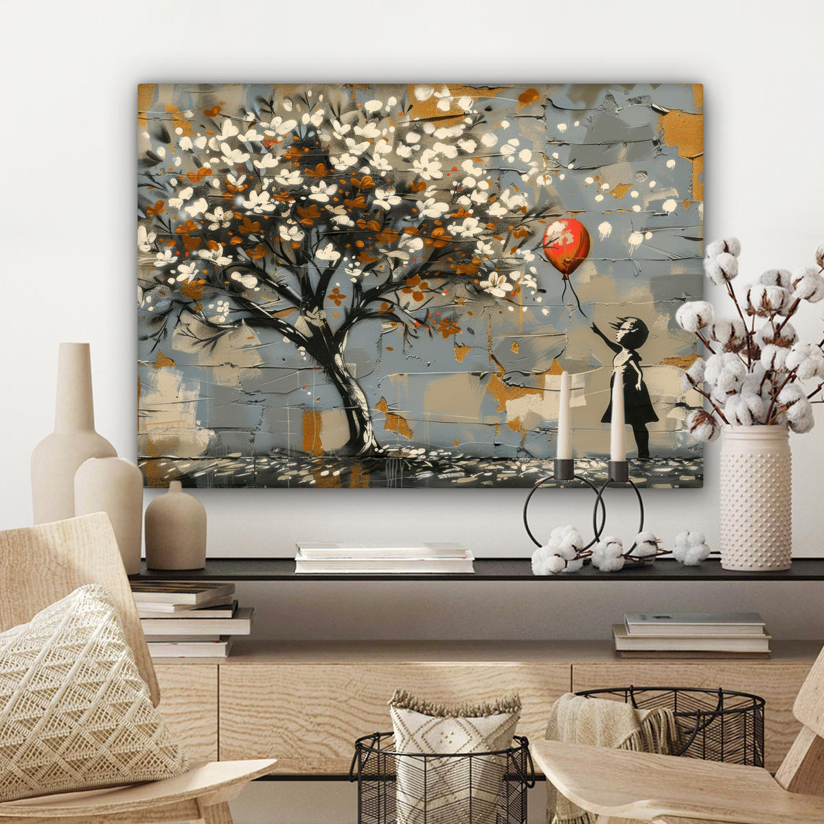 LEINWANDBILD Baum - Graffiti - Banksy-Stil - Ballon-Mädchen Wandbilder 80x60 cm - Blaugrau, Textil (80/60cm) - MuchoWow