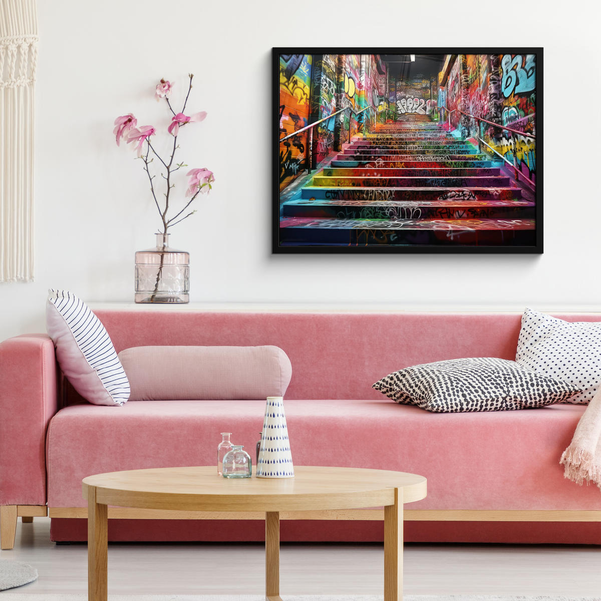 POSTER MIT RAHMEN Treppe - Graffiti - Farben - Kunst 80x60 cm - Multicolor, Papier (80/60cm) - MuchoWow