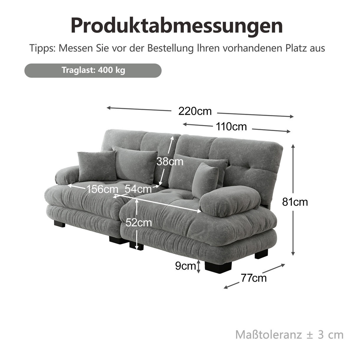 SCHLAFSOFA mit 2 Lendenkissen, 2 Dekokissen und Massivholzrahmen in Grau - Grau, Textil (220/81/77cm) - EVRYAE