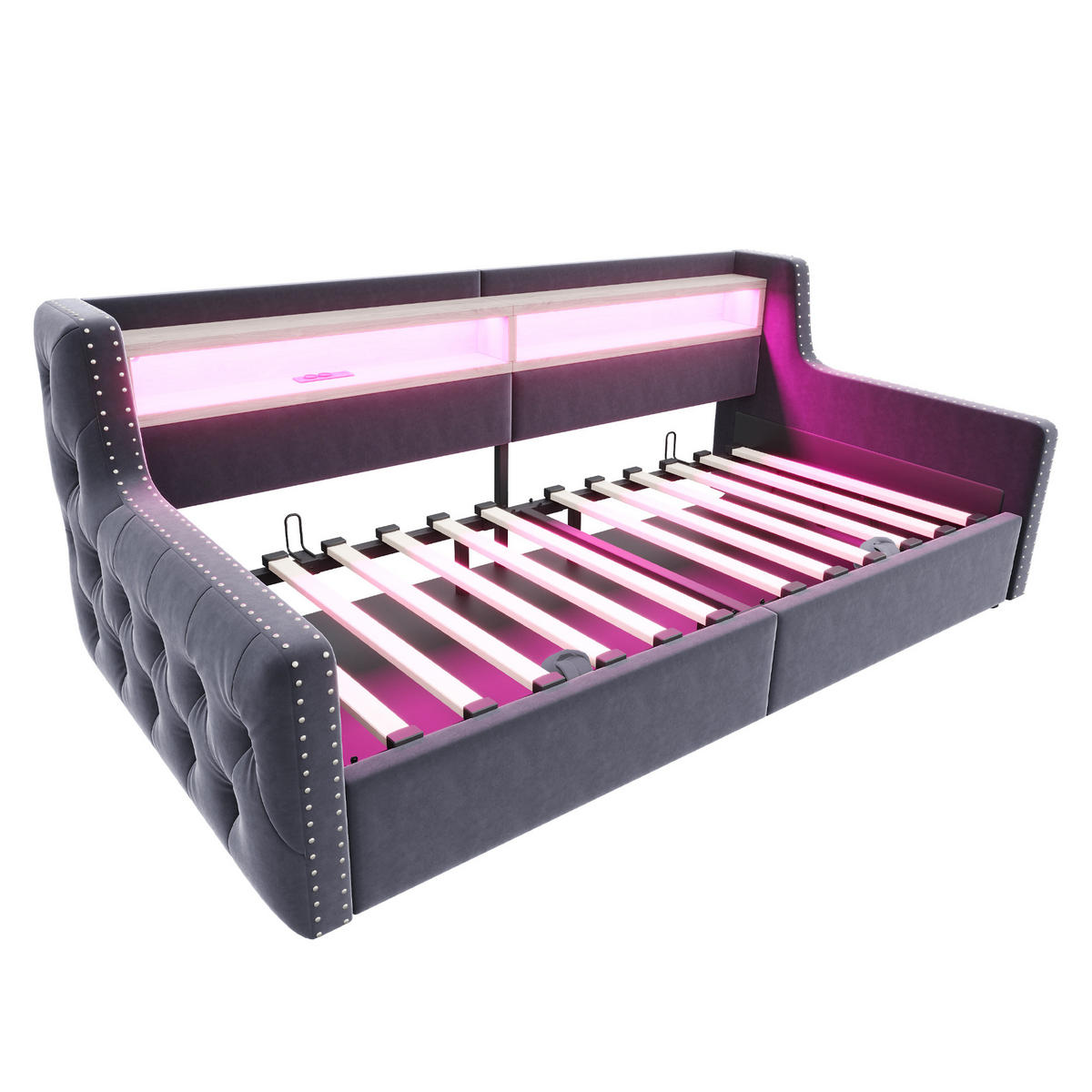 SCHLAFSOFA mit Stauraum 90x200 cm Samt Grau mit LED - Grau, Metall (90/200cm) - Meubliv