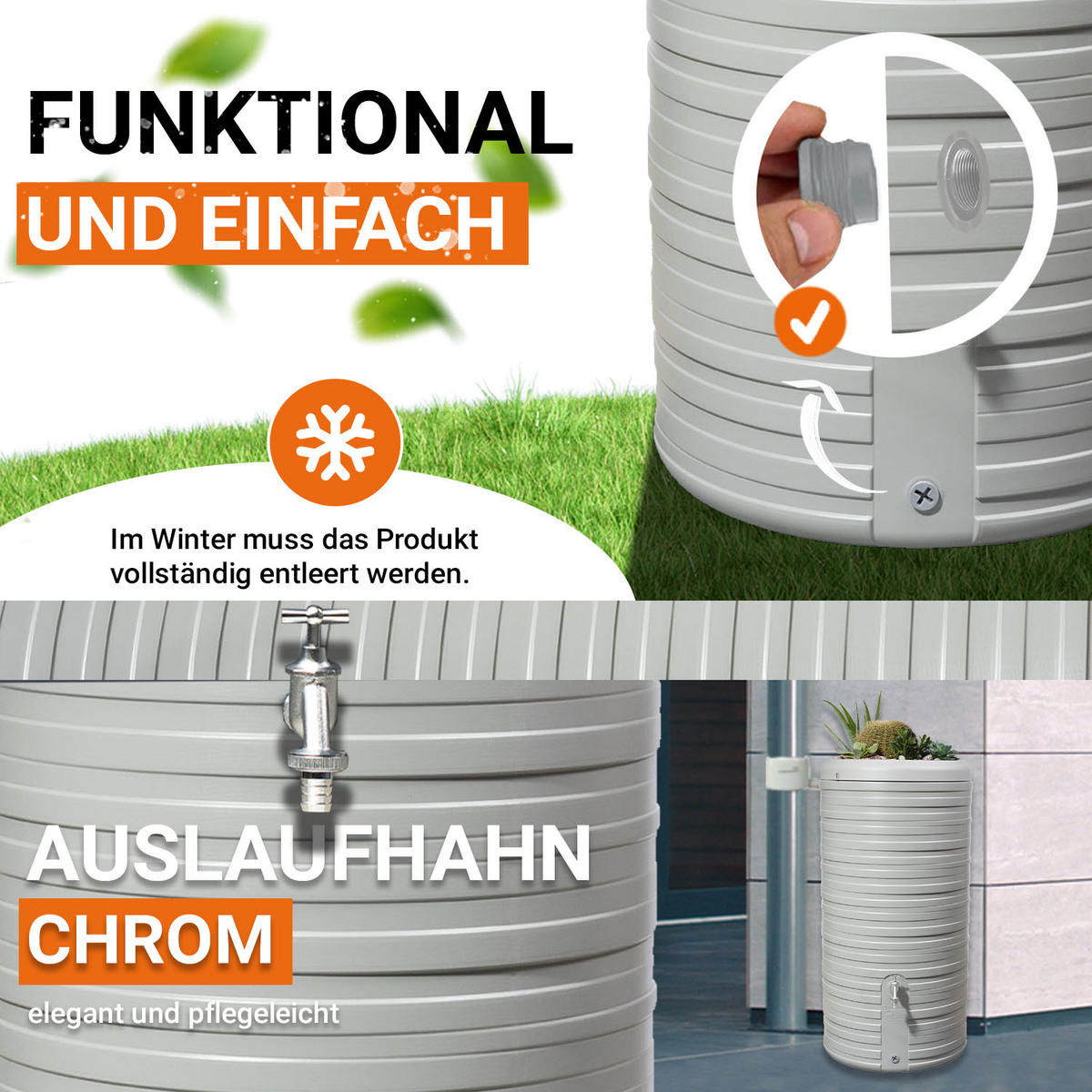 2IN1 Regentonnen Komplett-Set 300 L steingrau - Grau, Kunststoff (59/118/59cm) - GARANTIA