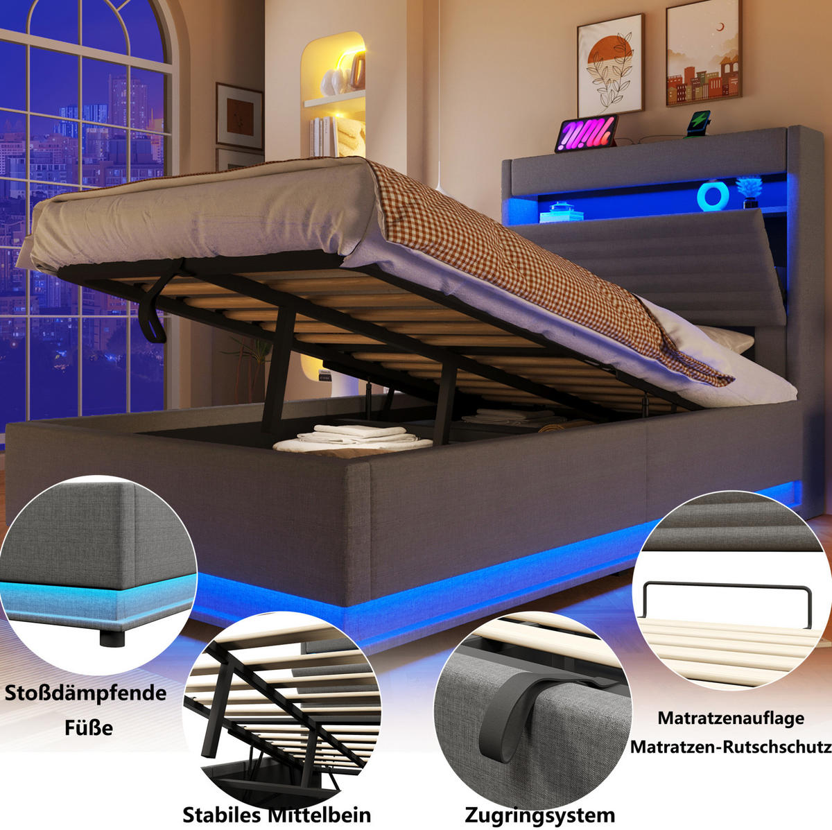 POLSTERBETT 90/200 cm mit LED-Beleuchtung, USB- und Typ-C-Anschluss, hydraulischem Stauraum und Ablage, Grau - Grau, Textil (90/200cm) - Redom