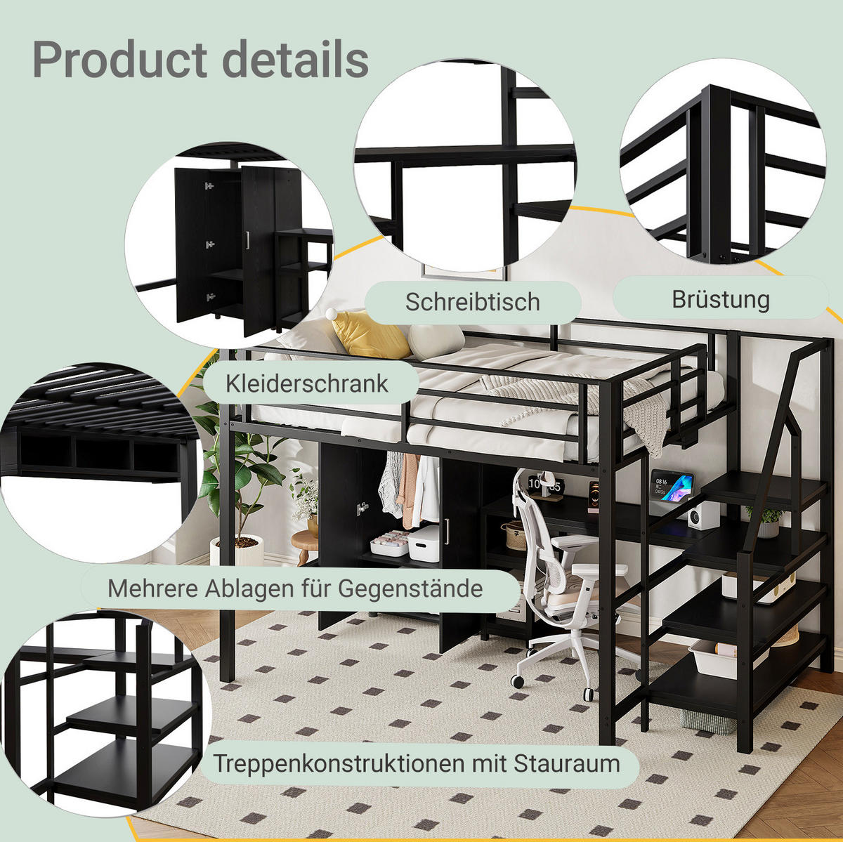 HOCHBETT 140/200 cm in Schwarz mit Schreibtisch, Kleiderschrank und Regalen - Schwarz, Metall (140/200cm) - BEAOK