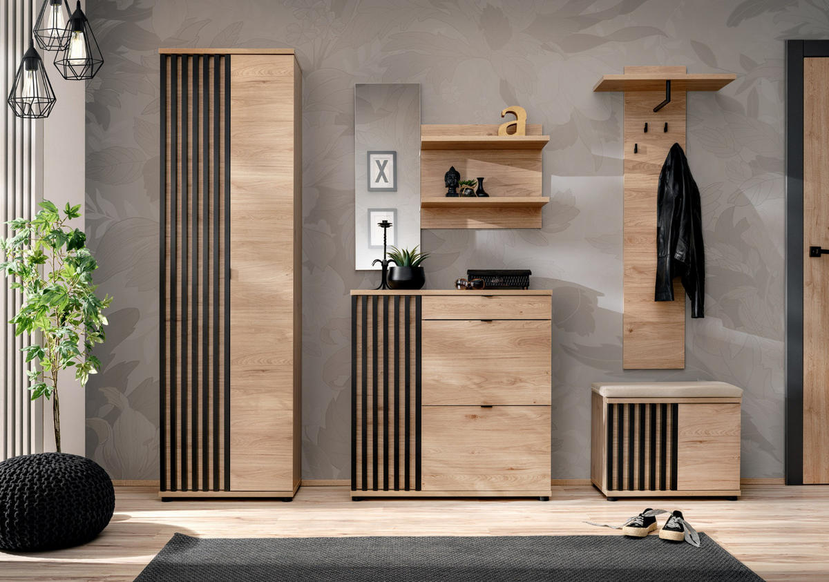 SCHUHSCHRANK Eiche Jackson, schwarz 90 cm, Schuhkommode mit Kippern - Eichefarben/Schwarz, Holzwerkstoff/Kunststoff (90/94/35cm) - Furn.Design