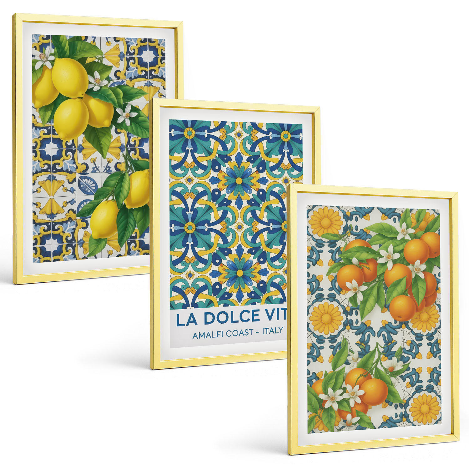 BILDER SET 3er Set - 40x60 cm Goldrahmen - Zitronen, Orangen, Blumen, Italien - Goldfarben, Kunststoff (40/60cm) - TULUP