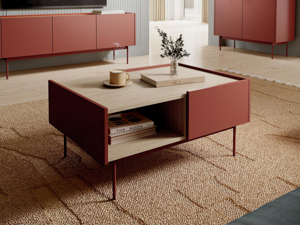 COUCHTISCH Color Keramikrot / Eiche Linea 97 / 65 / 45cm - Hellbraun/Rot, Holz/Holzwerkstoff (65/97/45cm) - Feldmann-Wohnen