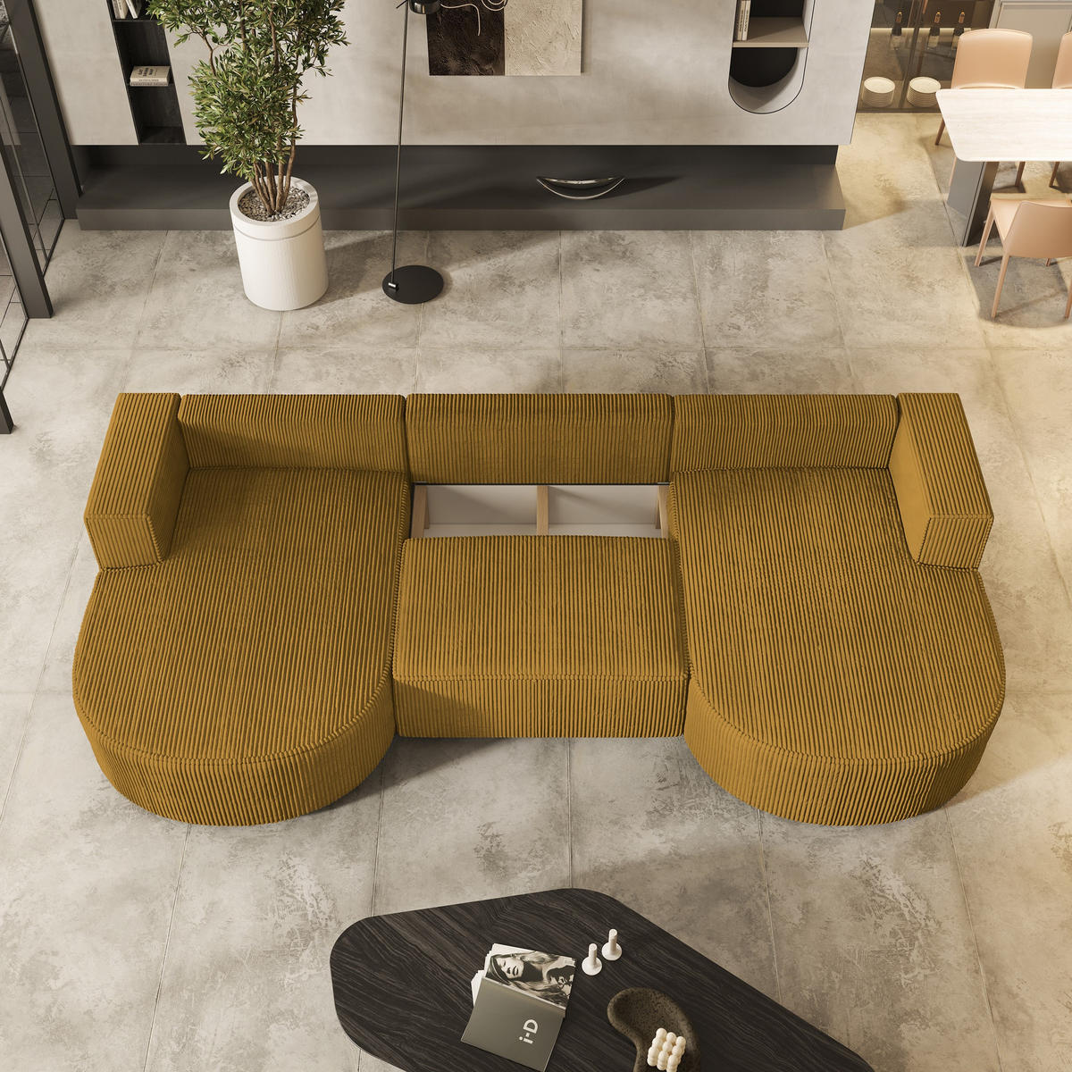 WOHNLANDSCHAFT VEZZO P Gelb Kordstoff mit Schlaffunktion - Gelb, Holz (347/85/174cm) - MASSENO