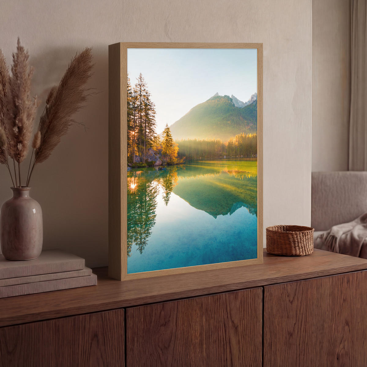 WANDLEUCHTE MIT AKKU See - Wald - Berge - Natur - Sonne - Landschaft 40x60 cm - Grün, Holzwerkstoff (40/60/8cm) - OnlyWow