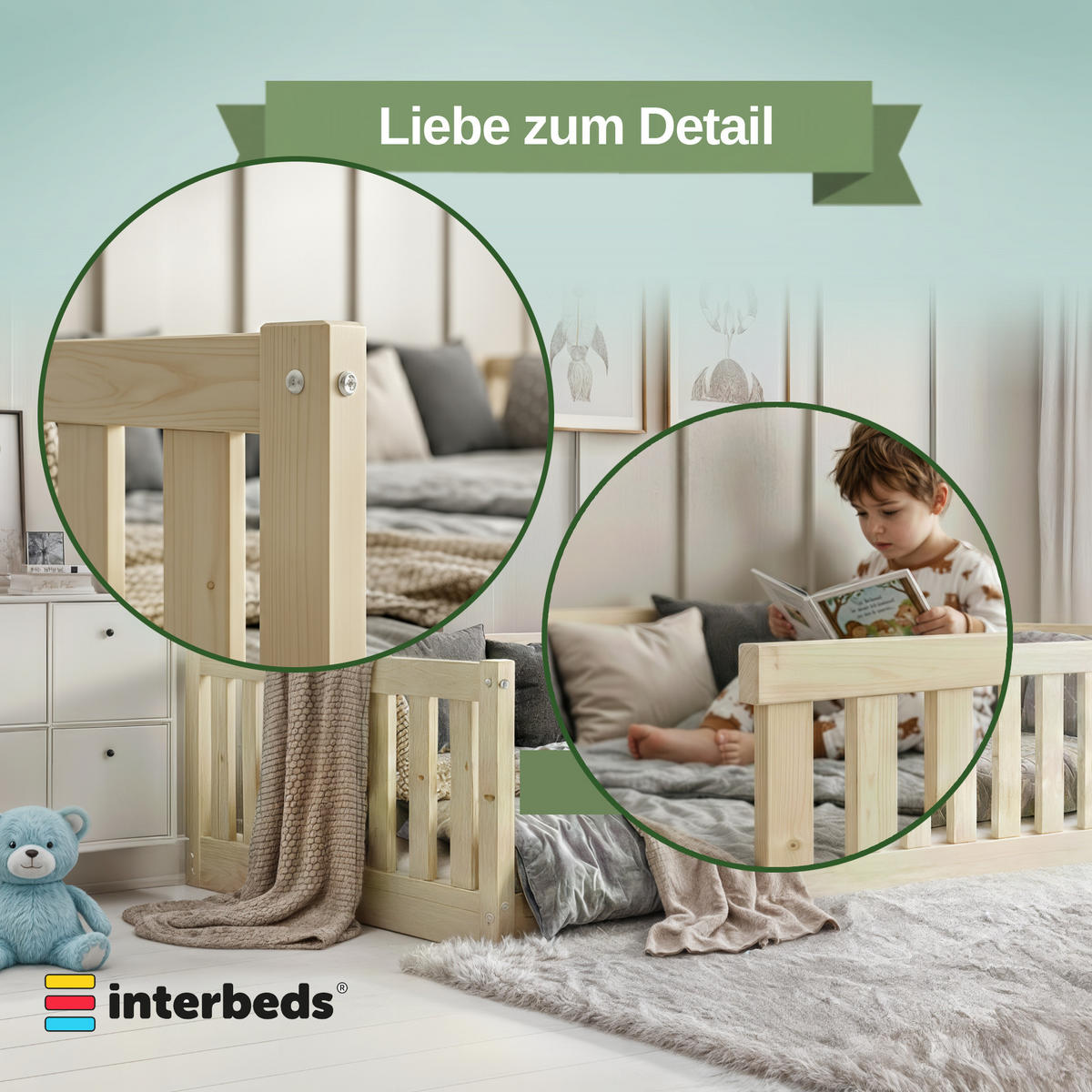 BODENBETT Bella 120x200 mit Rausfallschutz & Lattenrost Kinderbett aus Holz - Naturfarben, Holz (120/200cm) - Interbeds