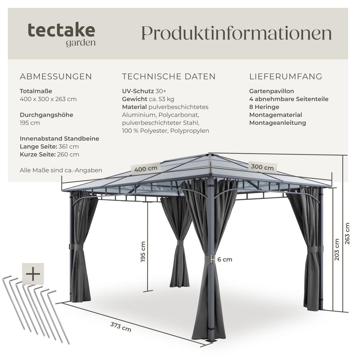 GARTENPAVILLON Caracas, inklusive 8 Heringen, grau - Grau, Metall (300/263/400cm) - tectake