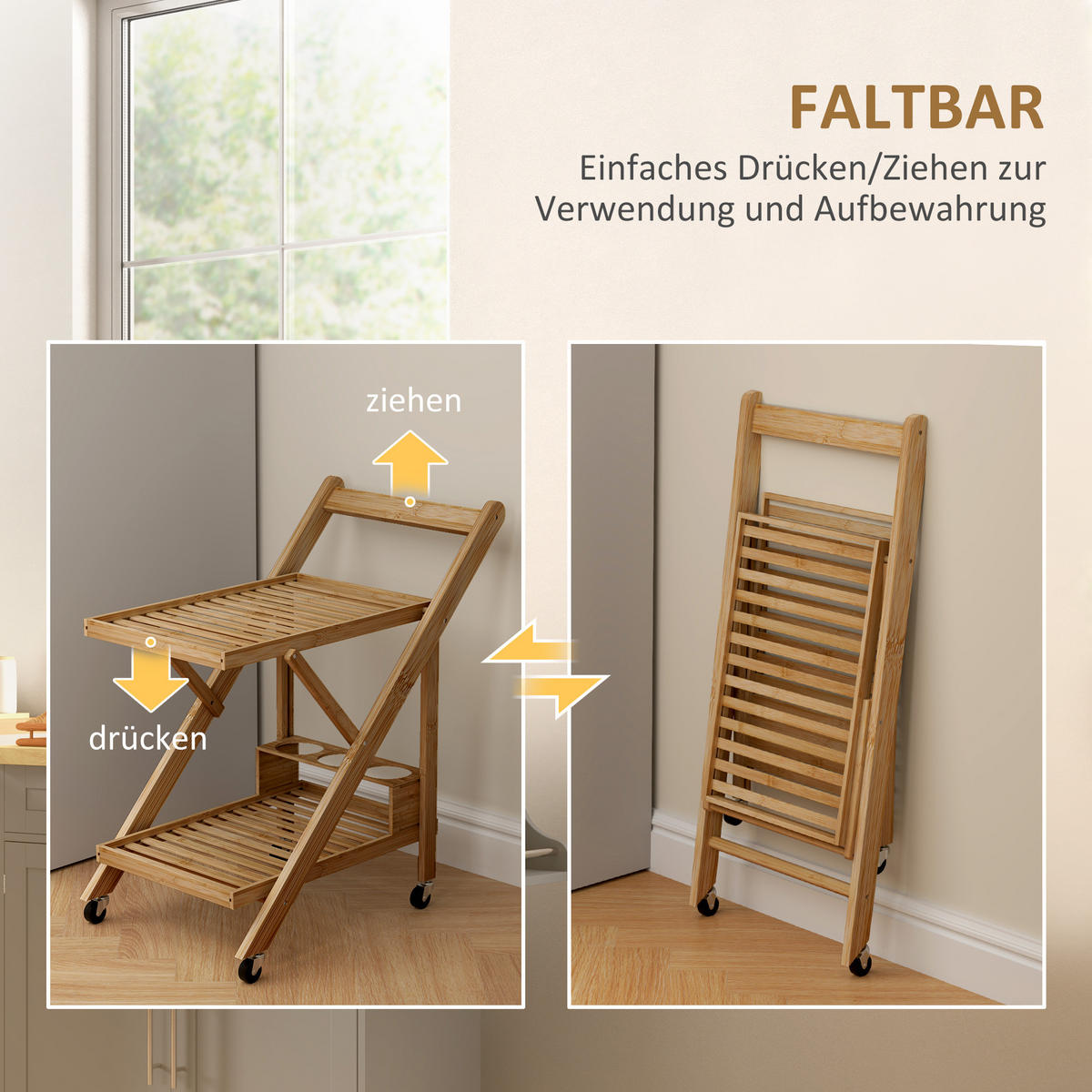 KÜCHENWAGEN mit Weinregal, 66 x 40 x 70 cm, Natur - Naturfarben, Naturmaterialien (40/70/66cm) - HOMCOM