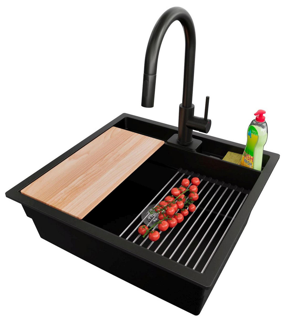 GRANITSPÜLE Bergen Pocket, 2-er set Schwarz 56/54 cm 1 Becken + Küchenarmatur 40/20 cm + Ablauf-Set + Küchenzubehörset ab 60er Unterschrank - Chromfarben/Beige, Kunststoff (56/20/54cm) - Primagran