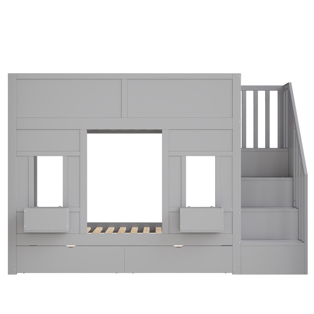 ETAGENBETT 90/200 cm DE-01539, in Grau, mit Stauraumtreppe, Schubladen und Fensterdesign - Grau, Holz (90/200cm) - ComfortXL