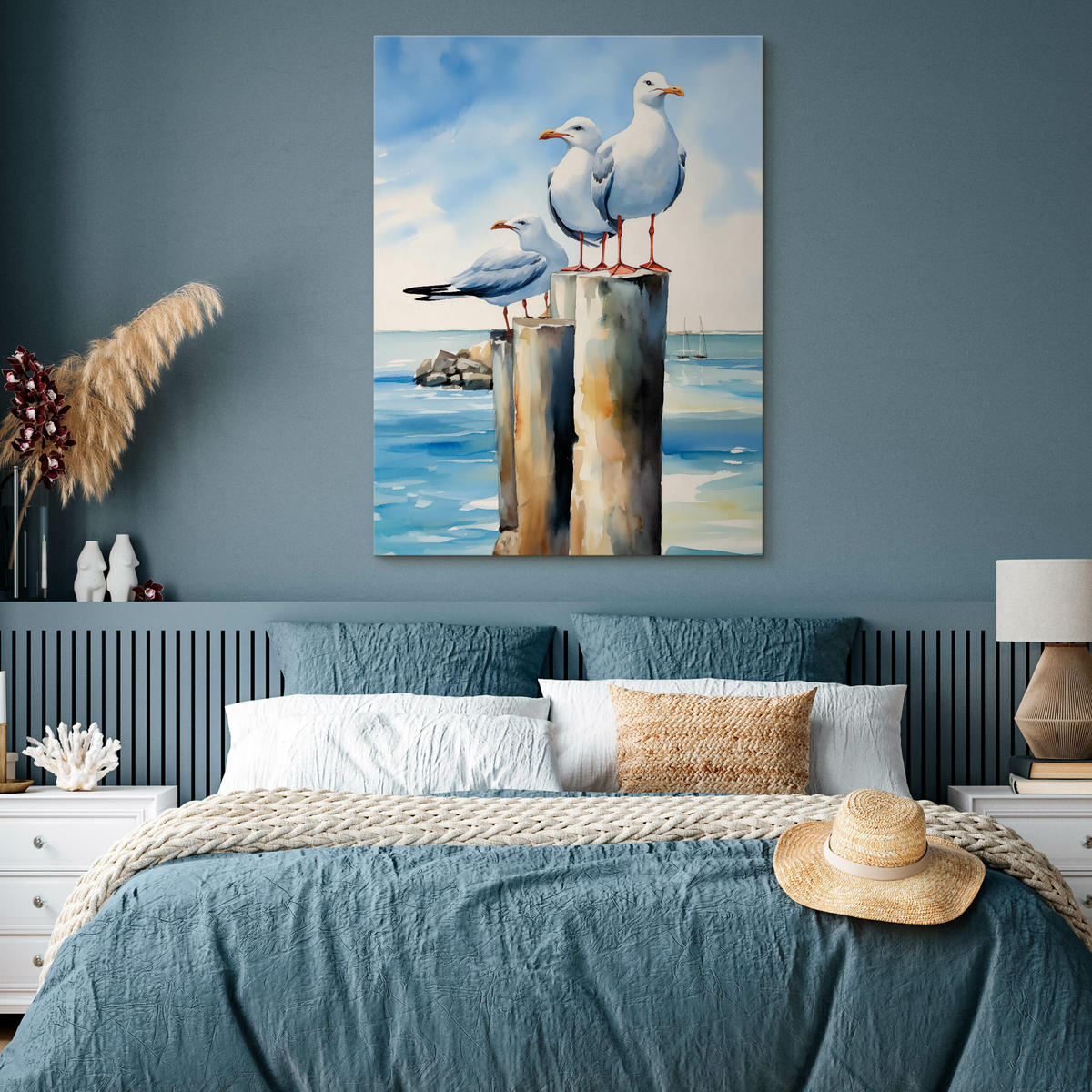 LEINWANDBILD Abstrakte Möwen Meer 80x120 cm - Blau/Beige, Textil (80/120cm) - Muralo