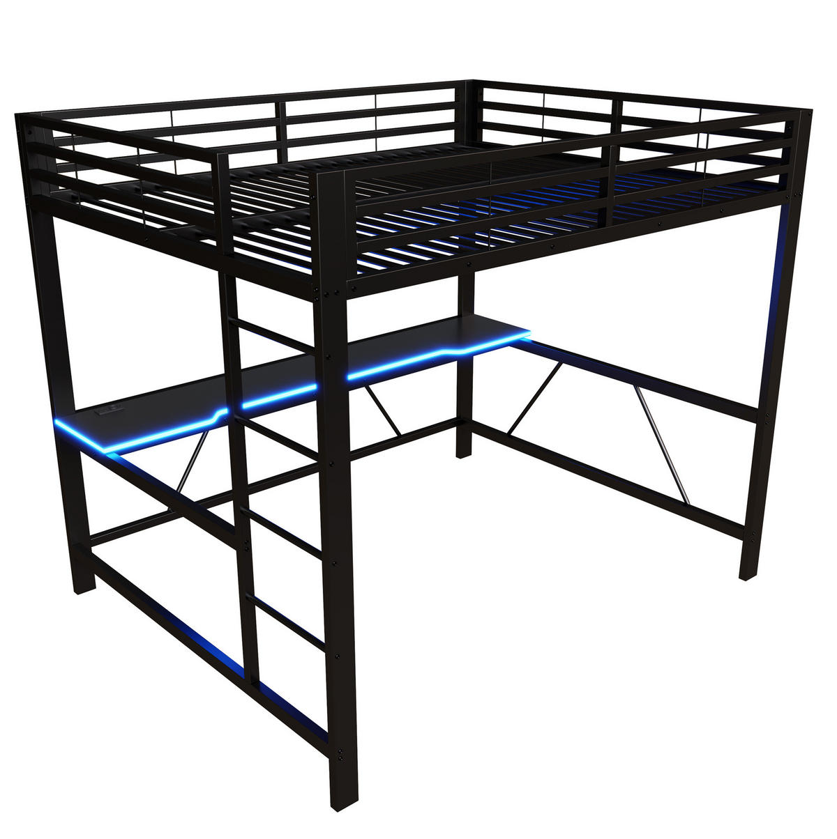 GAMING-HOCHBETT 160x200 cm in Schwarz mit Schreibtisch, LED-Beleuchtung und USB-Ladestation - Schwarz, Holzwerkstoff (160/200cm) - IVMEU