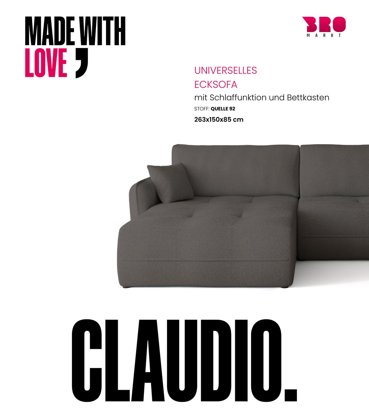 ECKSOFA CLAUDIO mit Schlaffunktion Dunkelgrau - Dunkelgrau, Textil (263/150cm) - Bromarkt