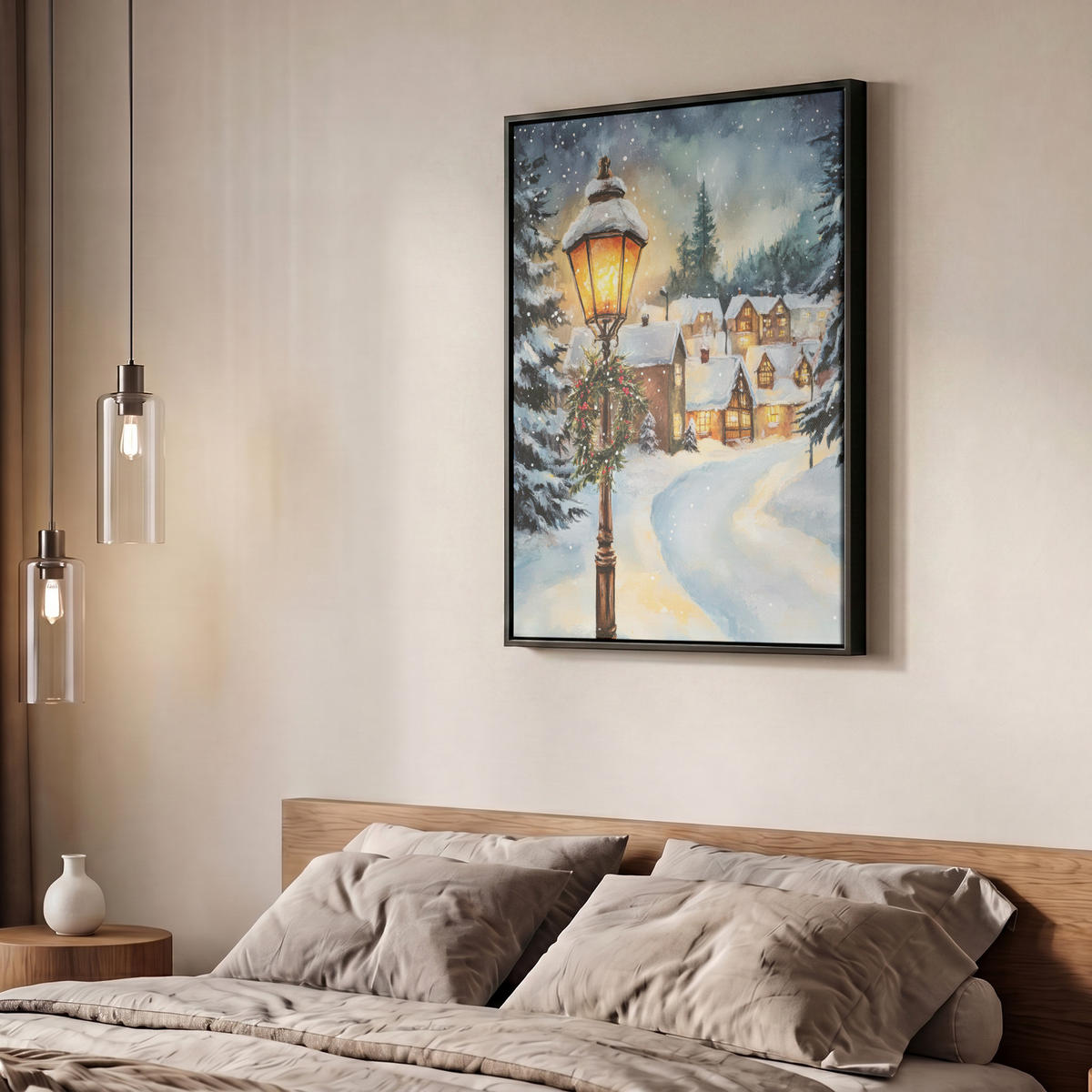 LEINWAND Bilder mit Rahmen - Weihnachtsdorf - Häuser - Schnee - Weihnachten - 60x80 - Sandfarben, Textil (60/80cm) - MuchoWow