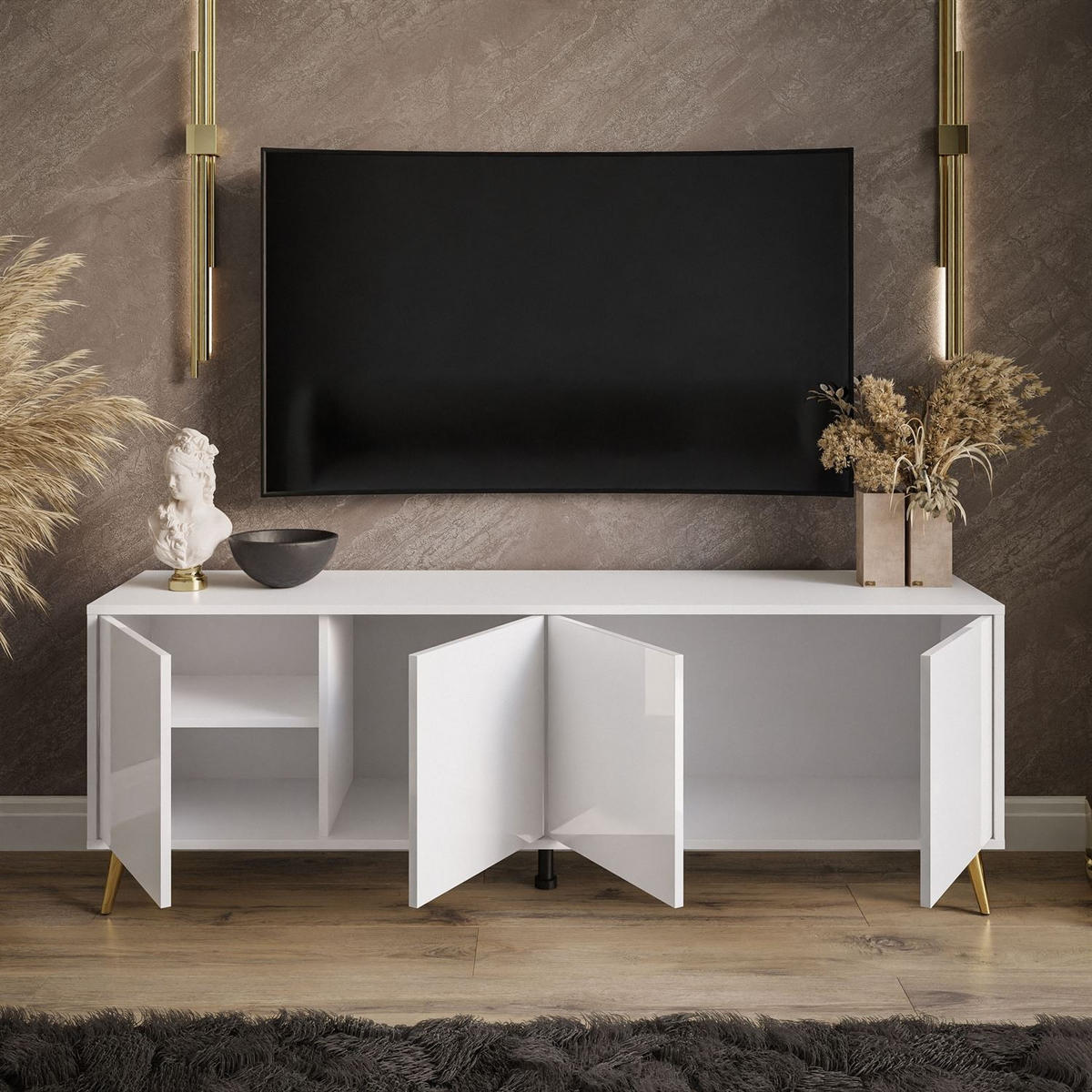 TV-ELEMENT SANAYI auf goldenen Beinen Hochglanz Weiß - Weiß, Holzwerkstoff (156/54/38cm) - Lookway