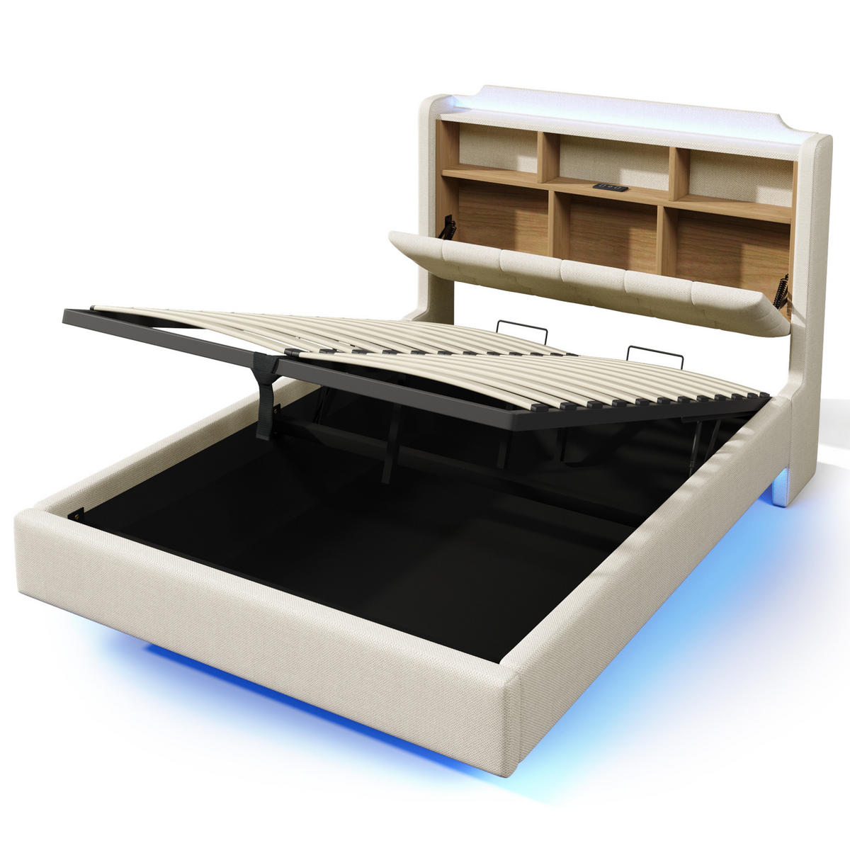 POLSTERBETT mit LED und Stauraum 140x200 cm Beige - Beige, Metall (140/200cm) - Meubliv
