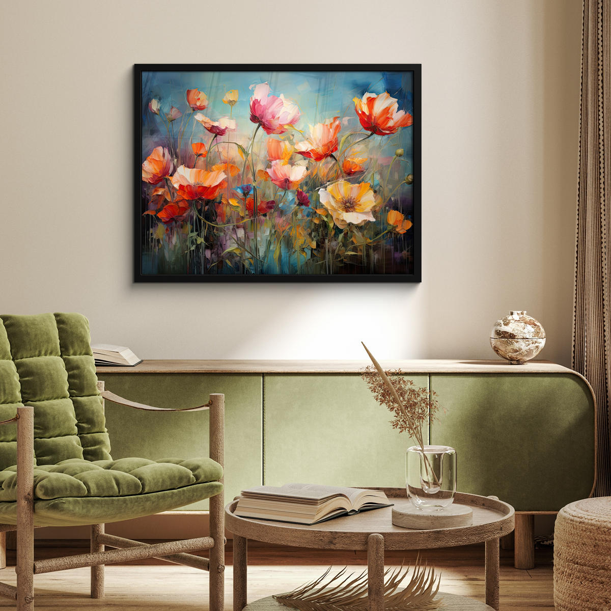 POSTER MIT RAHMENGERAHMTES BILD Blumen - Aquarell - Kunst - Botanisch - Natur 80x60 cm - Orange, Papier (80/60cm) - MuchoWow
