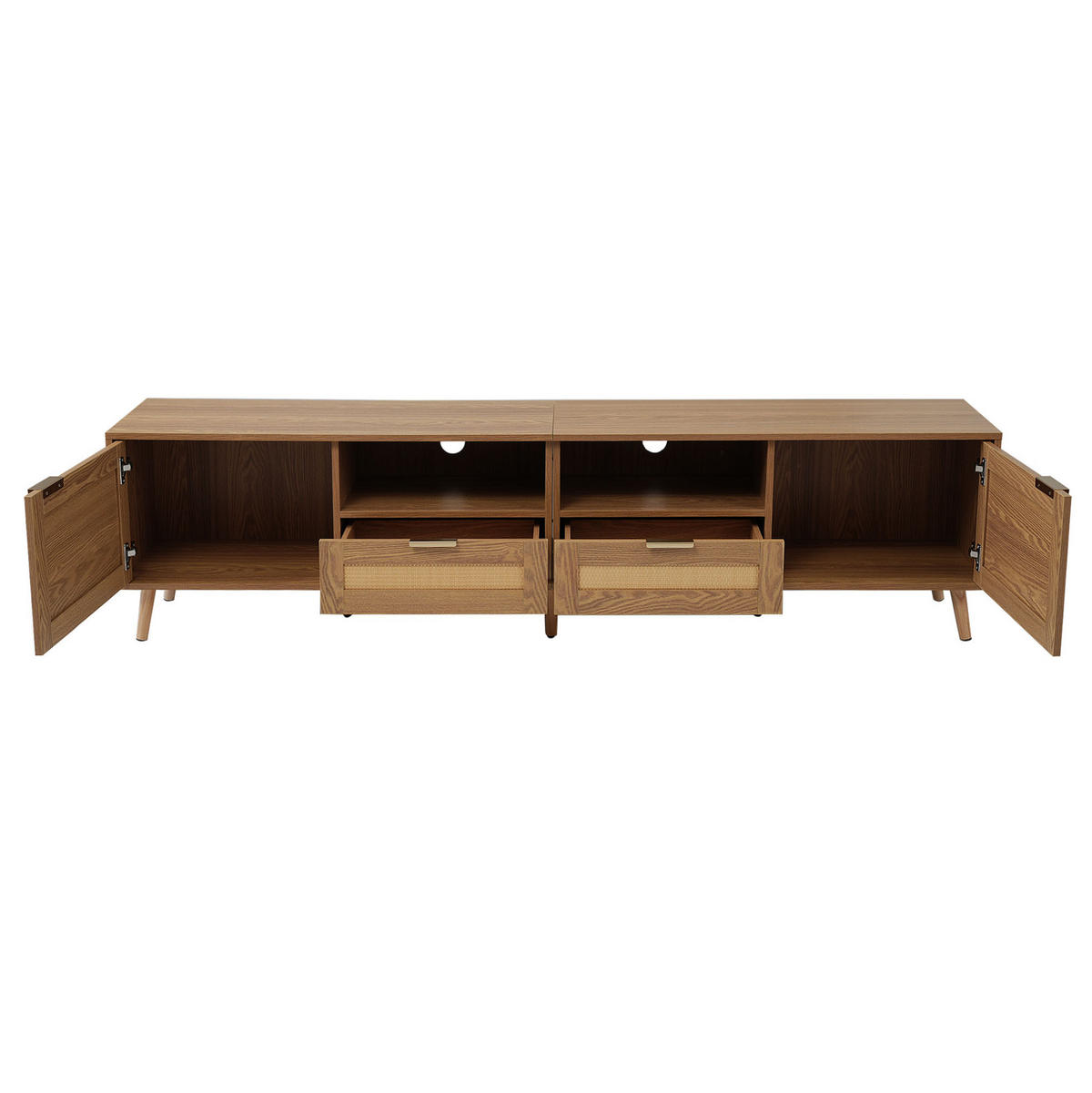 TV-SCHRANK aus Holzwerkstoff 200x37x49 cm Eiche mit 2 Türen, 2 Schubladen, Rattandesign und verstellbaren Füßen - Braun, Holzwerkstoff (200/49/37cm) - Modfu