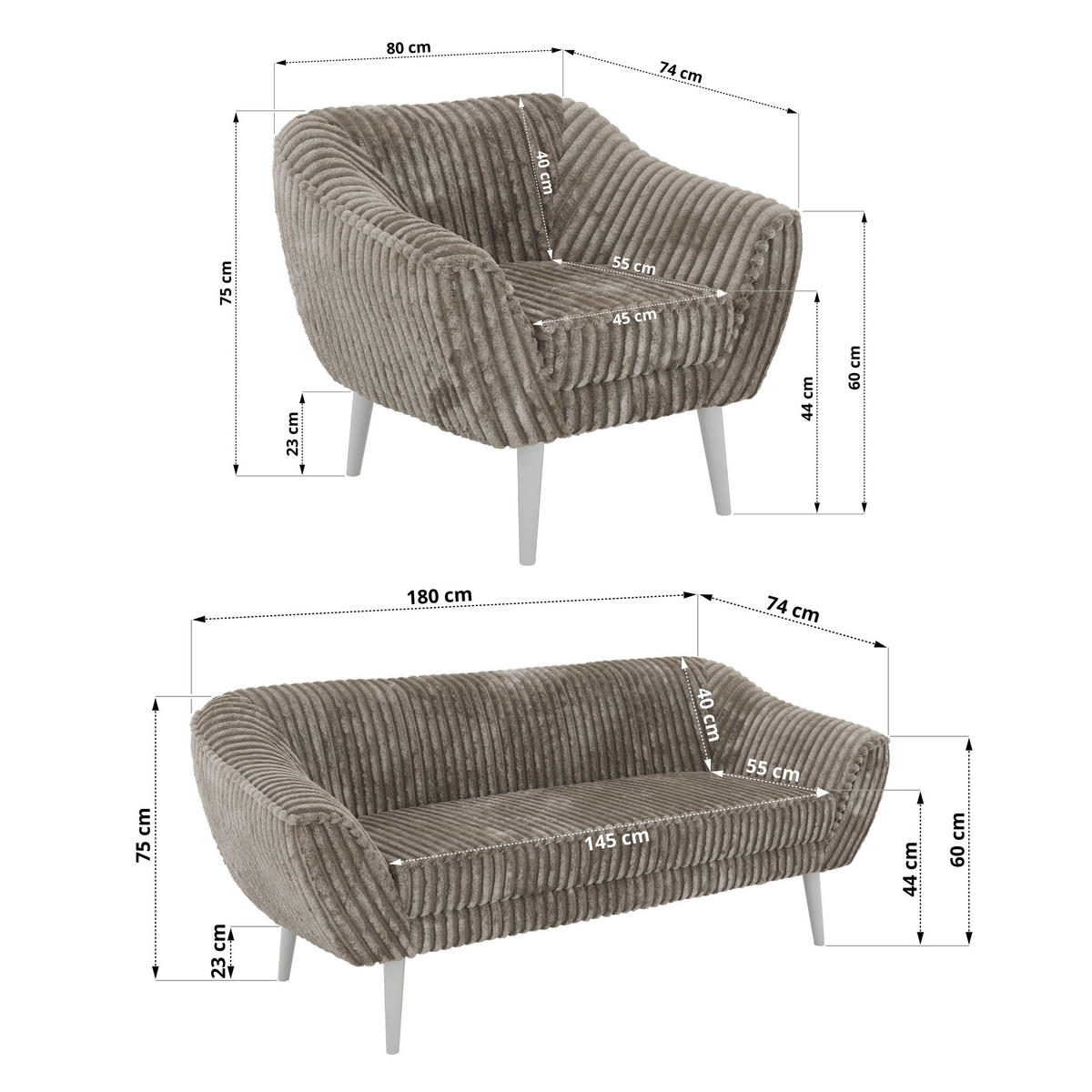 SITZGARNITUR PIRS 3+3+1 - Hellbraun Cord - Weiße Beine - Hellbraun/Weiß, Holzwerkstoff/Textil (180/75/74cm) - MKS