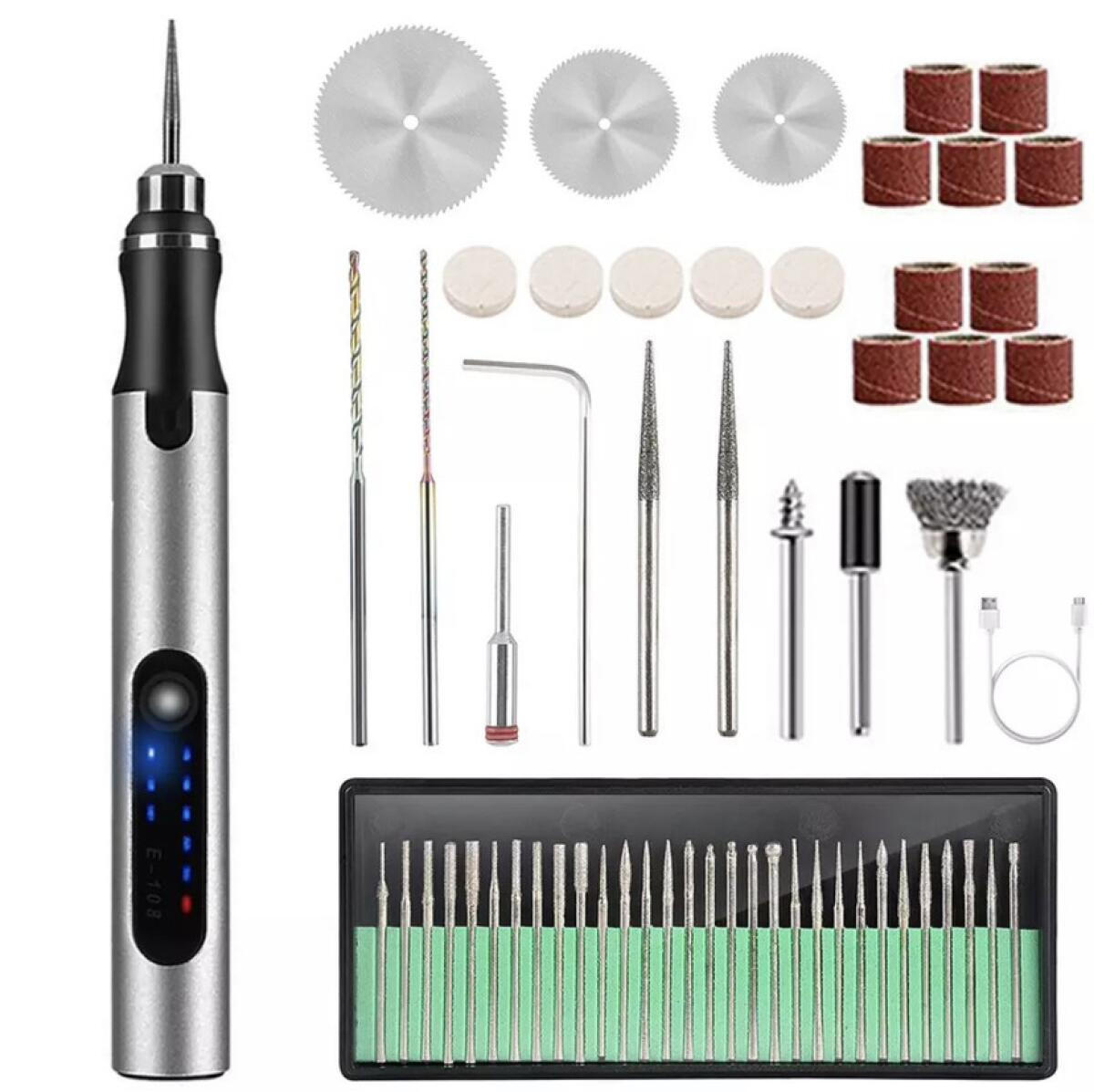 GRAVIERSTIFT, einstellbare Geschwindigkeit, wiederaufladbar, 58-teiliges Set (silber) - Silberfarben, Metall (12/1.5/1.5cm)
