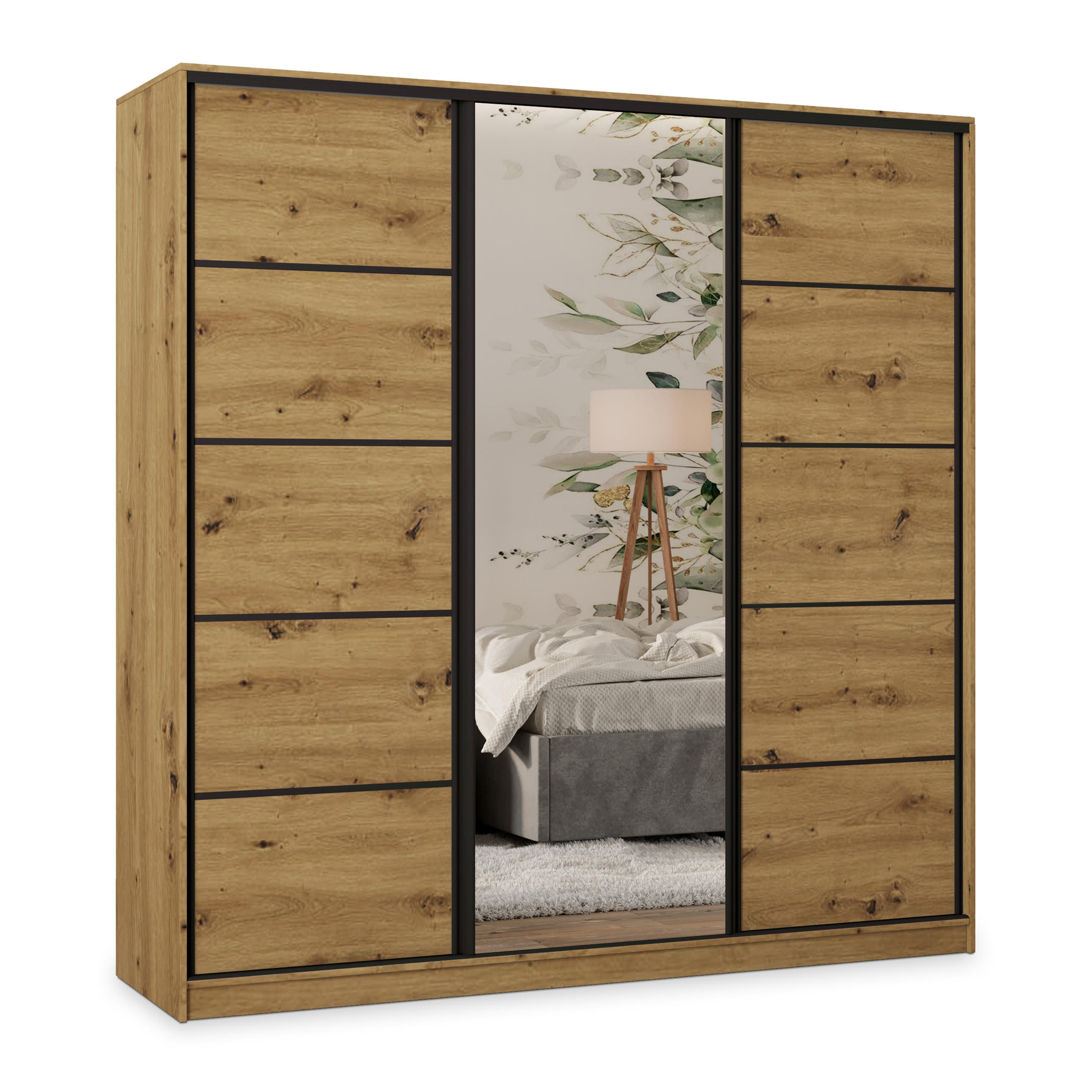 SCHWEBETÜRENSCHRANK PINA 180/205/58 cm 3-türig mit Spiegel und Schubladen Eiche Artisan - Schwarz/Eiche Artisan, Holzwerkstoff (180/205/58cm) - MASSENO