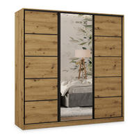 SCHWEBETÜRENSCHRANK PINA 200/205/58 cm 3-türig mit Spiegel und 4 Schubladen Eiche Artisan - Eiche Artisan, Holzwerkstoff (200/205/58cm) - MASSENO