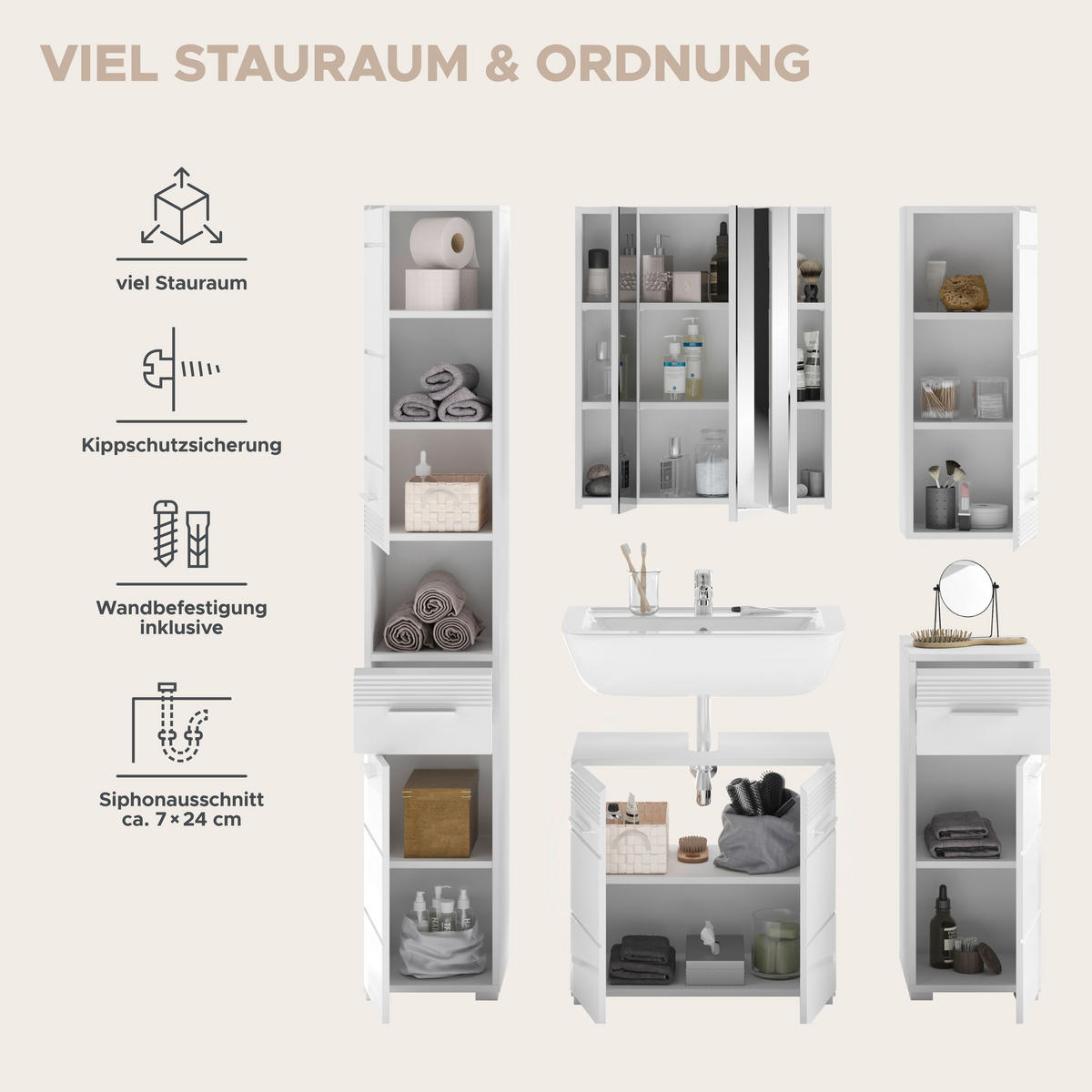 BADKOMBINATION 5tlg. Linus Bad in weiß Nachbildung und weiß hochglanz B/H/T: 151x182x34 cm - Weiß, Holz (151/182/34cm)