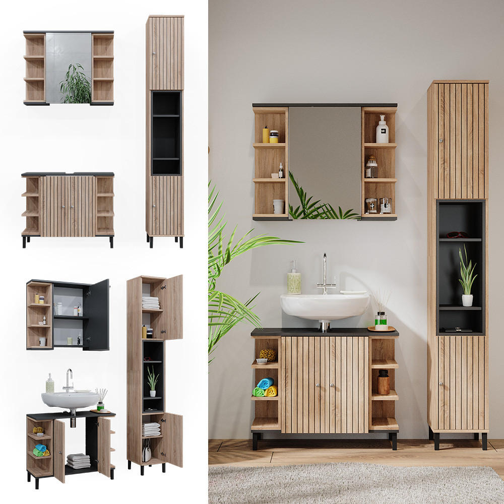 BADMÖBEL-SET Aquis Sonoma 3 Teile, mit Hochschrank - Anthrazit/Sonoma Eiche, Holzwerkstoff (79.6/64/32cm) - Vicco