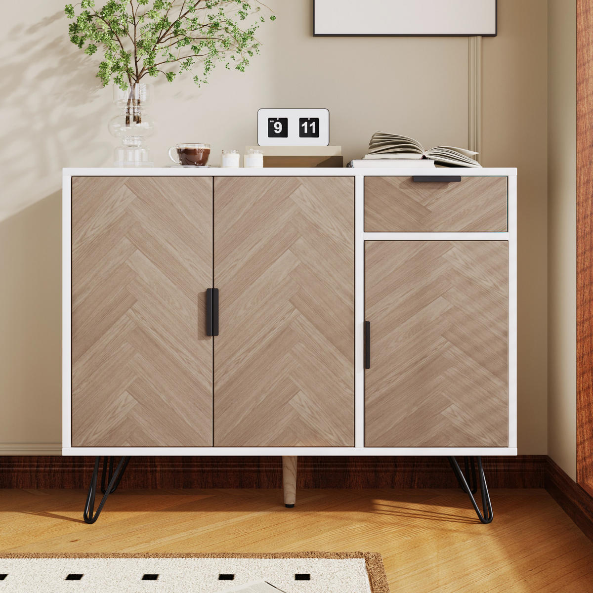 SIDEBOARD 90x30x71,5 cm, Metallfüße, Weiß - Weiß, Holz (90/71/30cm)