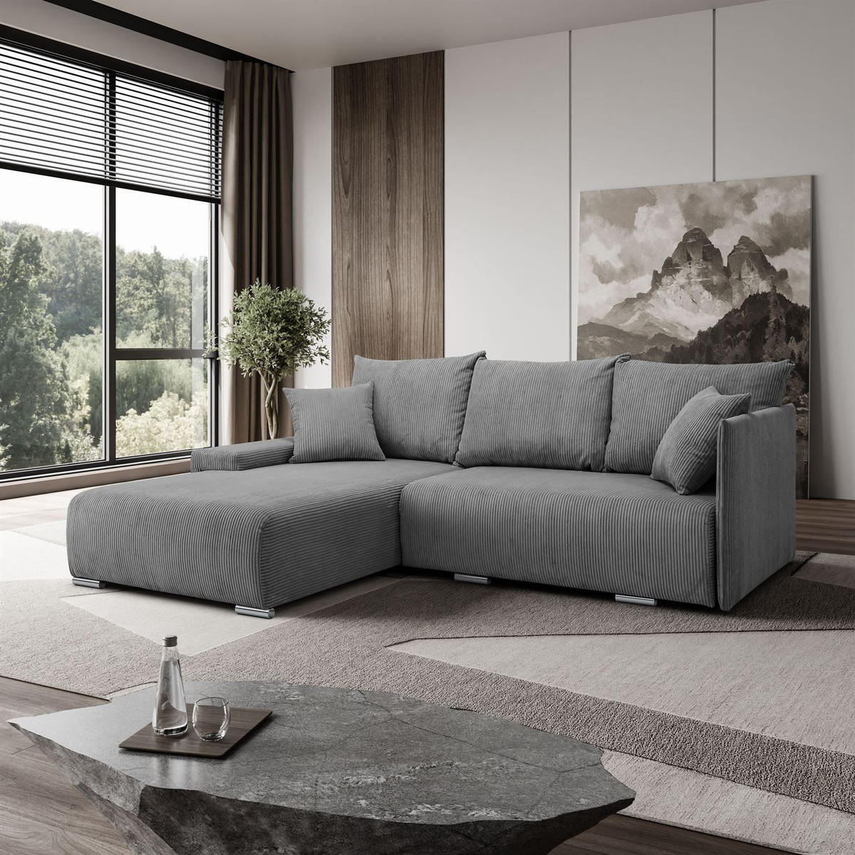 ECKSOFA LAVIO L mit Schlaffunktion und Bettzeugkasten Linke - Grau, Textil (246/188cm) - Lookway